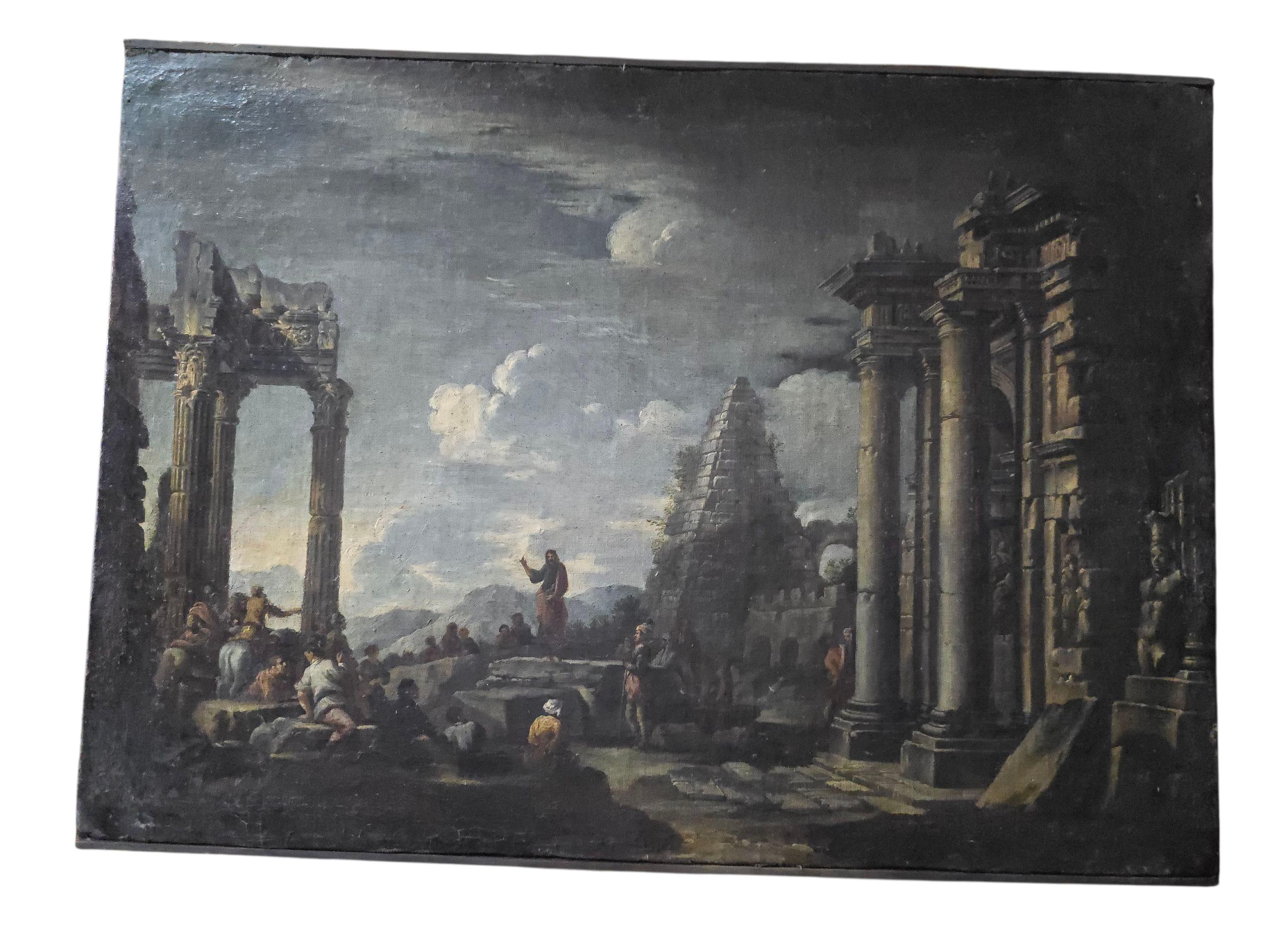 18th Century Italian Oil on Canvas Depicting Roman Ruins and Figures For Sale 1