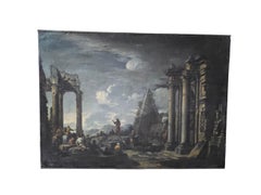 Óleo sobre lienzo italiano del siglo XVIII que representa ruinas y figuras romanas