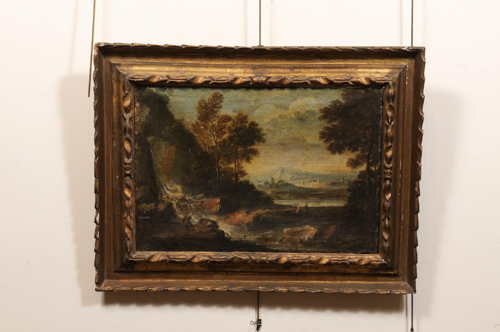 18th Century Italian Oil on Canvas Landscape Painting in Giltwood Frame In Fair Condition For Sale In Atlanta, GA