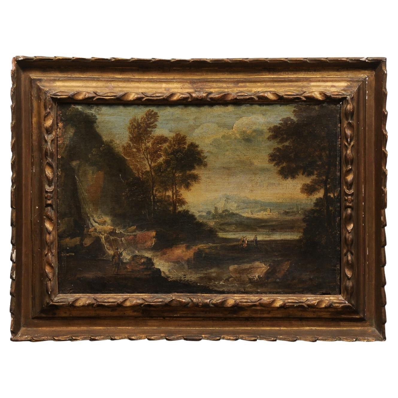 18th Century Italian Oil on Canvas Landscape Painting in Giltwood Frame For Sale