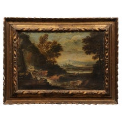 Huile sur toile italienne du 18ème siècle, peinture de paysage dans un cadre en bois doré