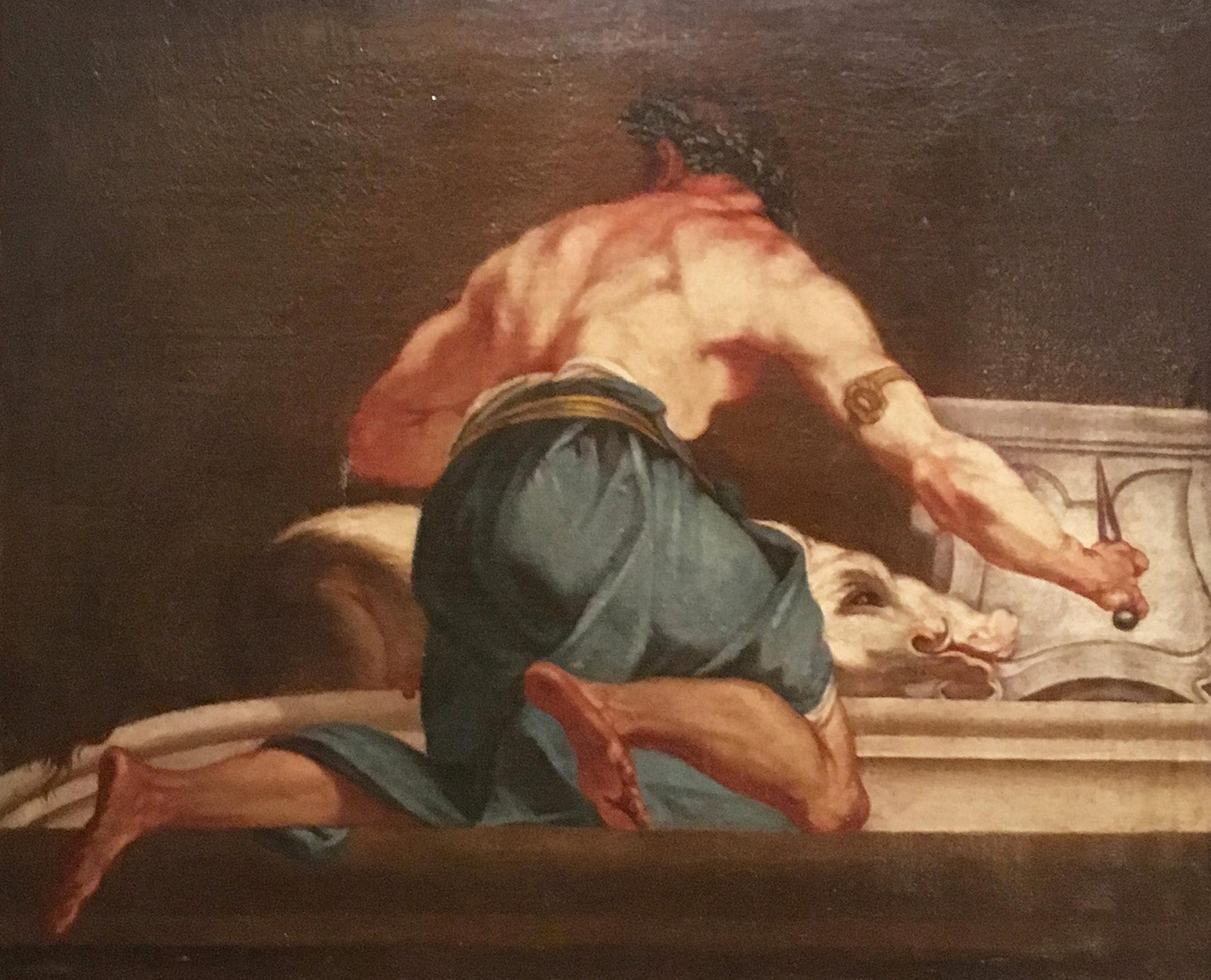 Oil on canvas painting depicting a mythological subject
By unknown artist
Italy, 18th century

Dimensions with frame: 85 x 74 x 5 cm
Dimensions without frame: 73 x 61.5 x 2 cm.