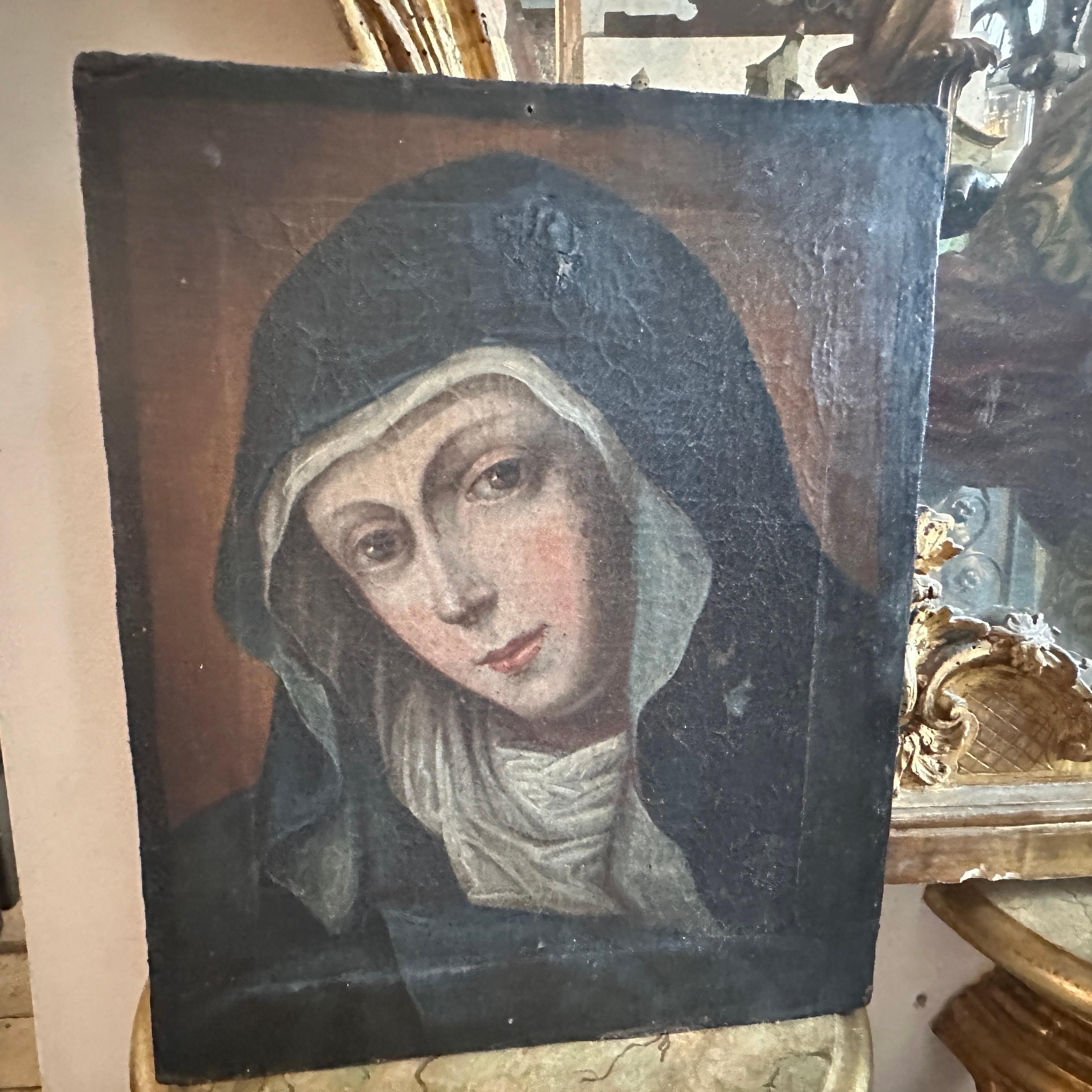An italian painting of a Madonna addolorata in original conditions, not framed. Unknown artist.
This painting of Madonna Addolorata (Our Lady of Sorrows) it's a beautifully crafted work of religious art, reflecting the artistic and cultural trends