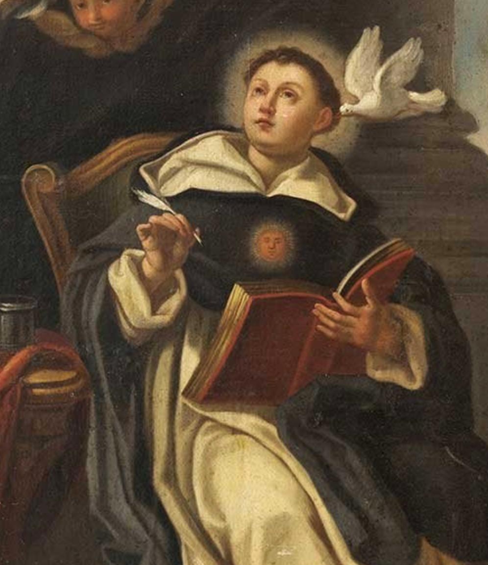 Hand-Painted 18th Century Italian Oil on Canvas Painting Roman School of Saint Thomas Aquinas For Sale