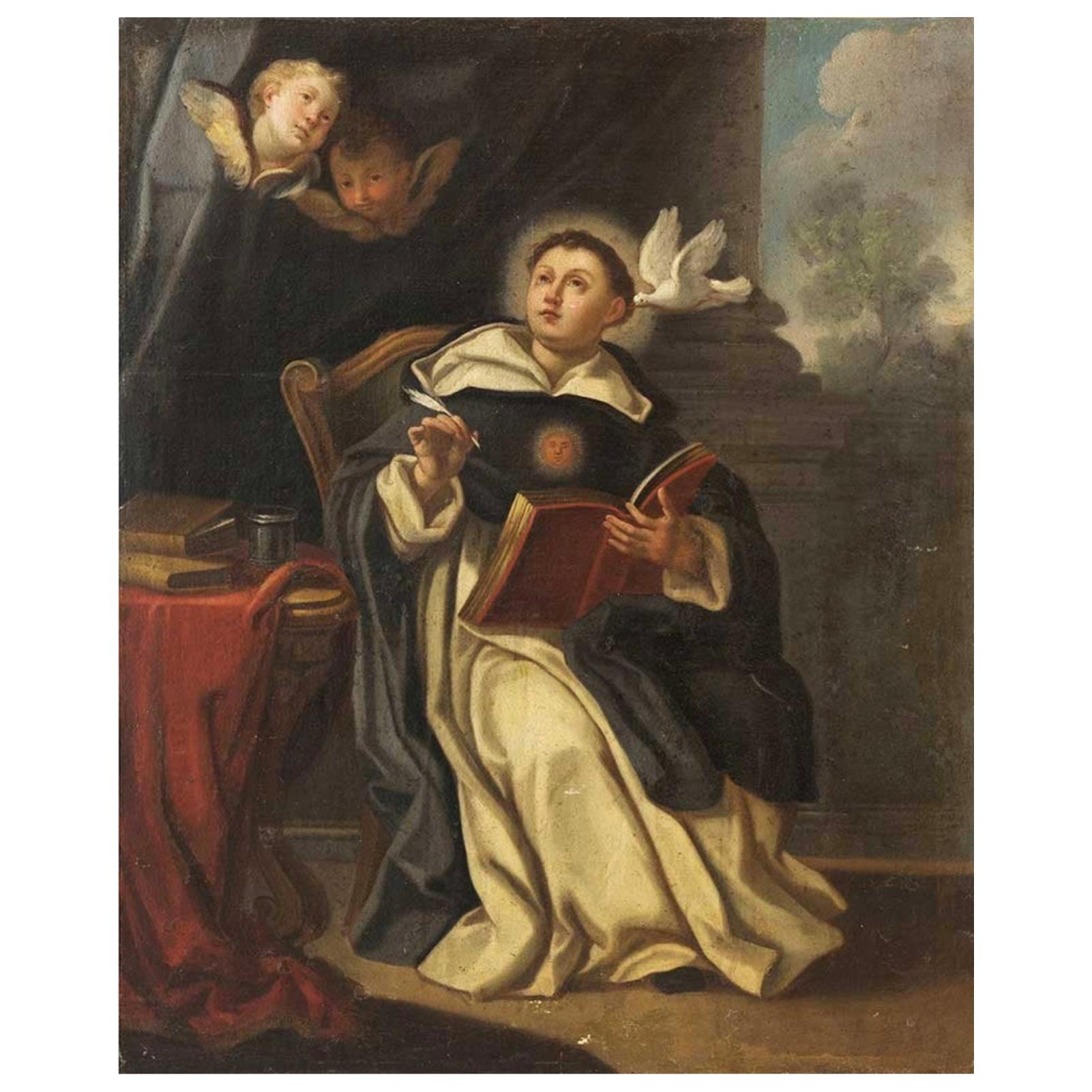 18th Century Italian Oil on Canvas Painting Roman School of Saint Thomas Aquinas For Sale