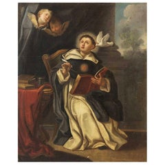 18th Century Italian Oil on Canvas Painting Roman School of Saint Thomas Aquinas