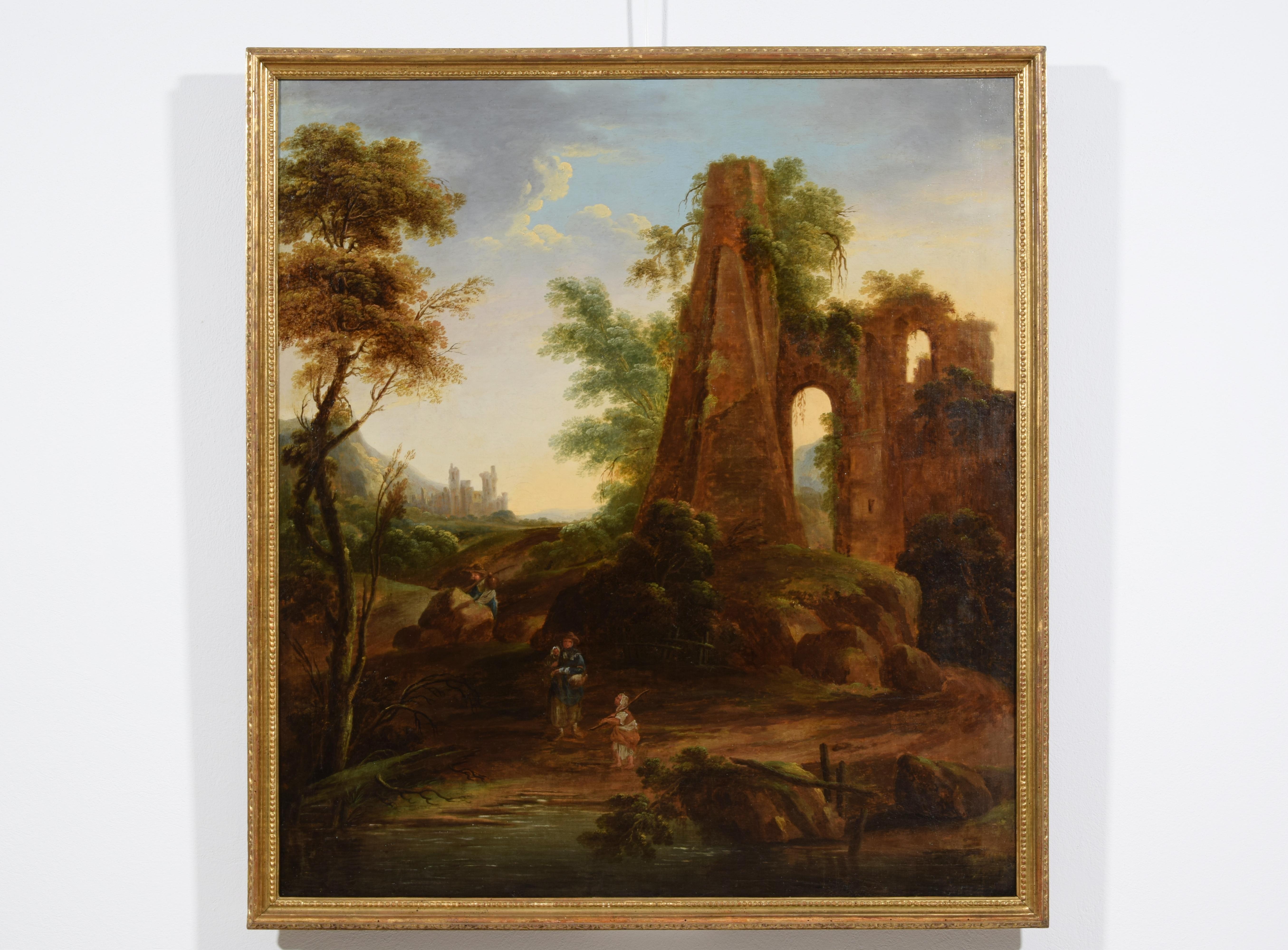 18th Century, Italian Oil on Canvas Painting with Landscape with Ruins For Sale 6