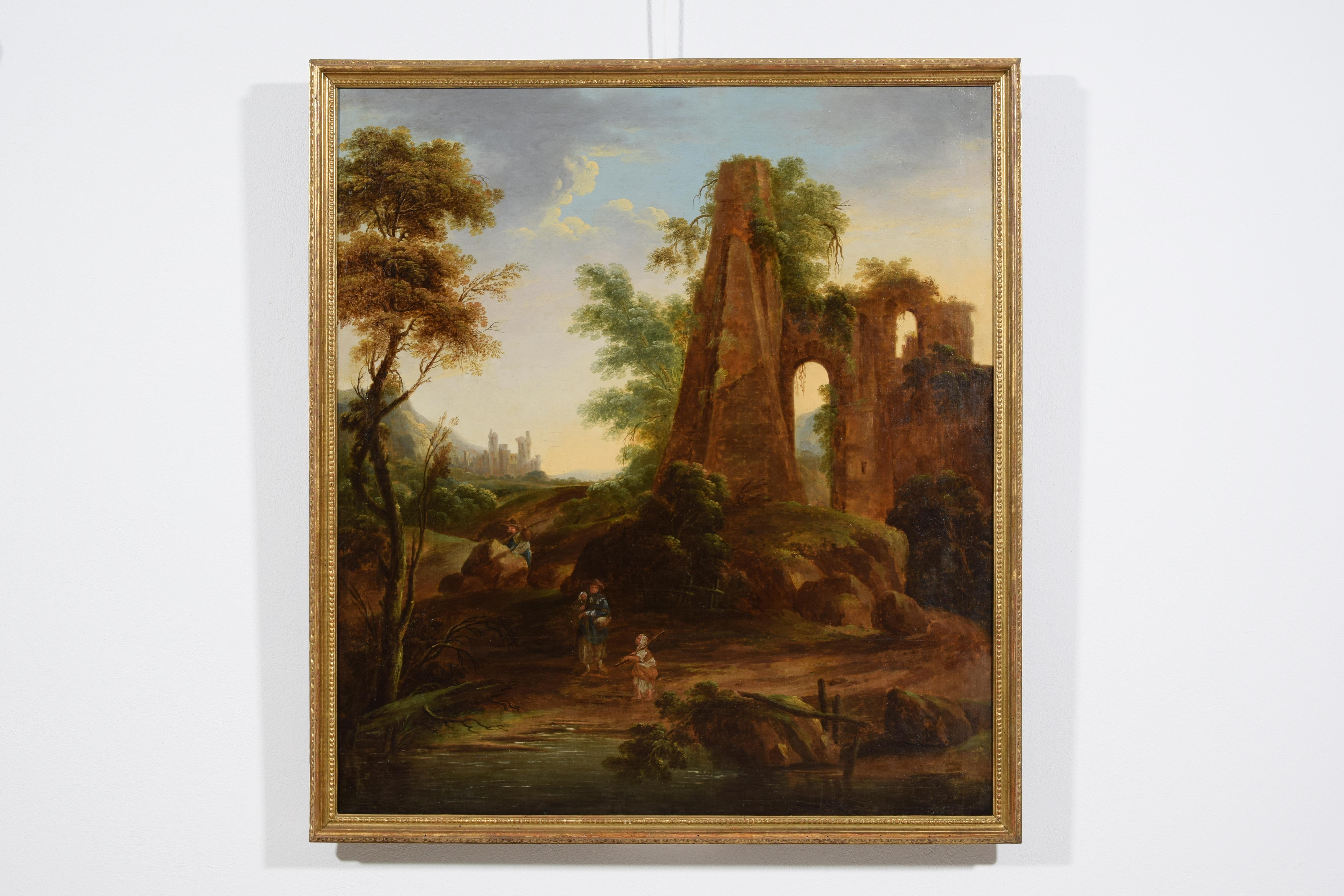 18th Century, Italian Oil on Canvas Painting with Landscape with Ruins For Sale 7