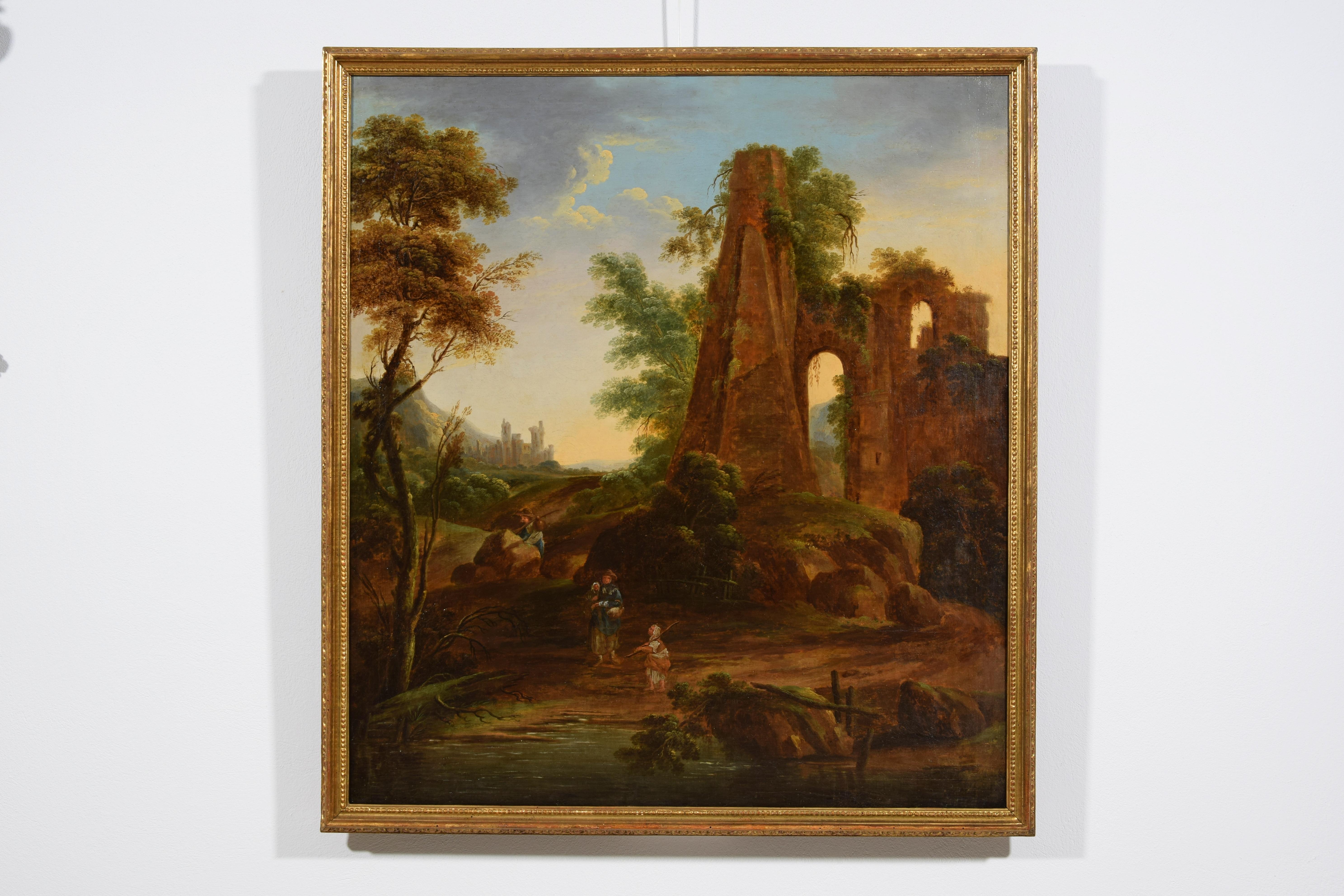 18th Century, Italian Oil on Canvas Painting with Landscape with Ruins For Sale 8