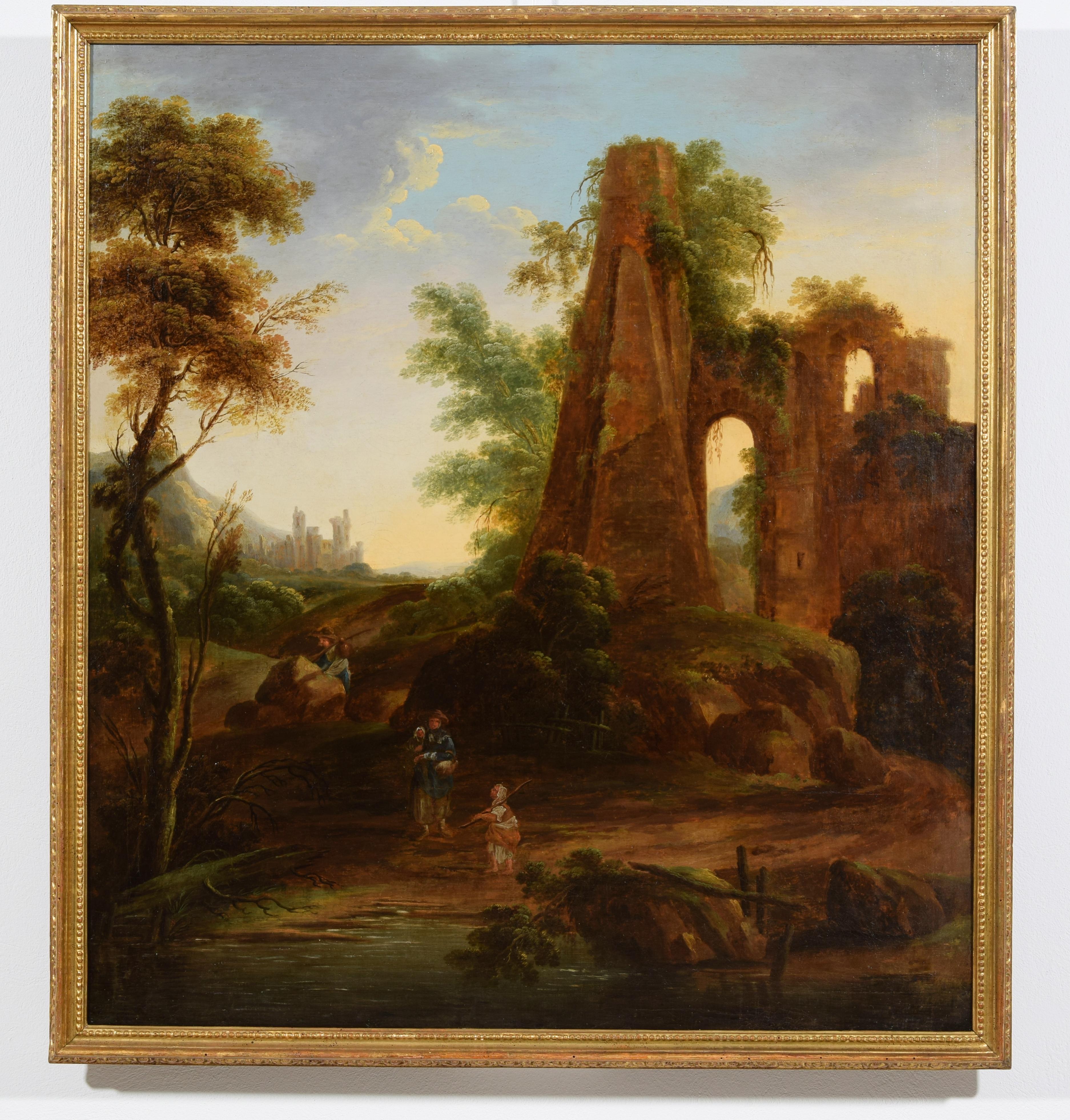 18th century, Italian oil on canvas painting with landscape with ruins

Measures: only the canvas cm W 97.5 x H 108; with the frame cm W 103.5 x H 114 x D 5

The fine oil on canvas painting depicts a landscape of the Italian countryside with