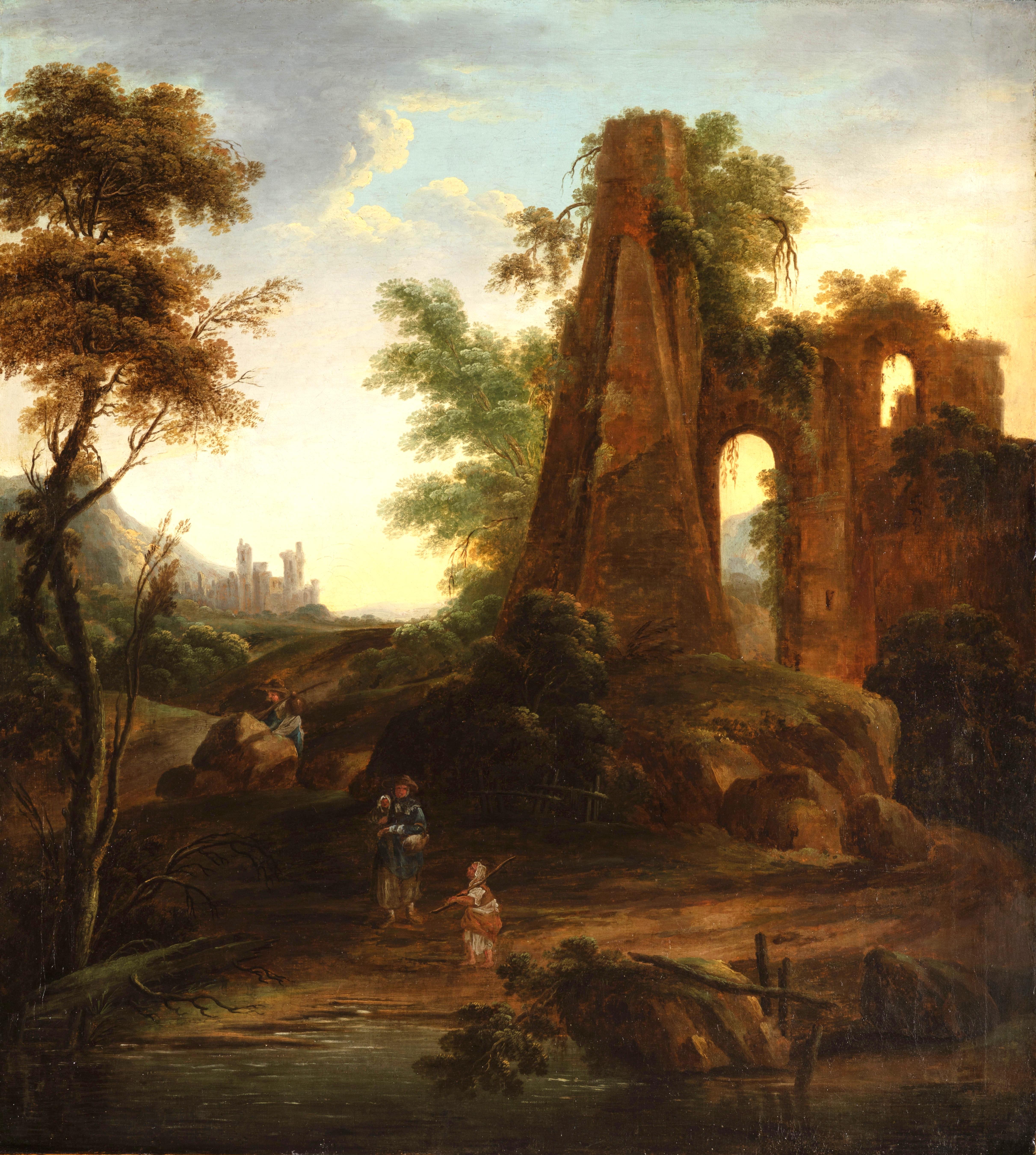 Baroque 18th Century, Italian Oil on Canvas Painting with Landscape with Ruins For Sale