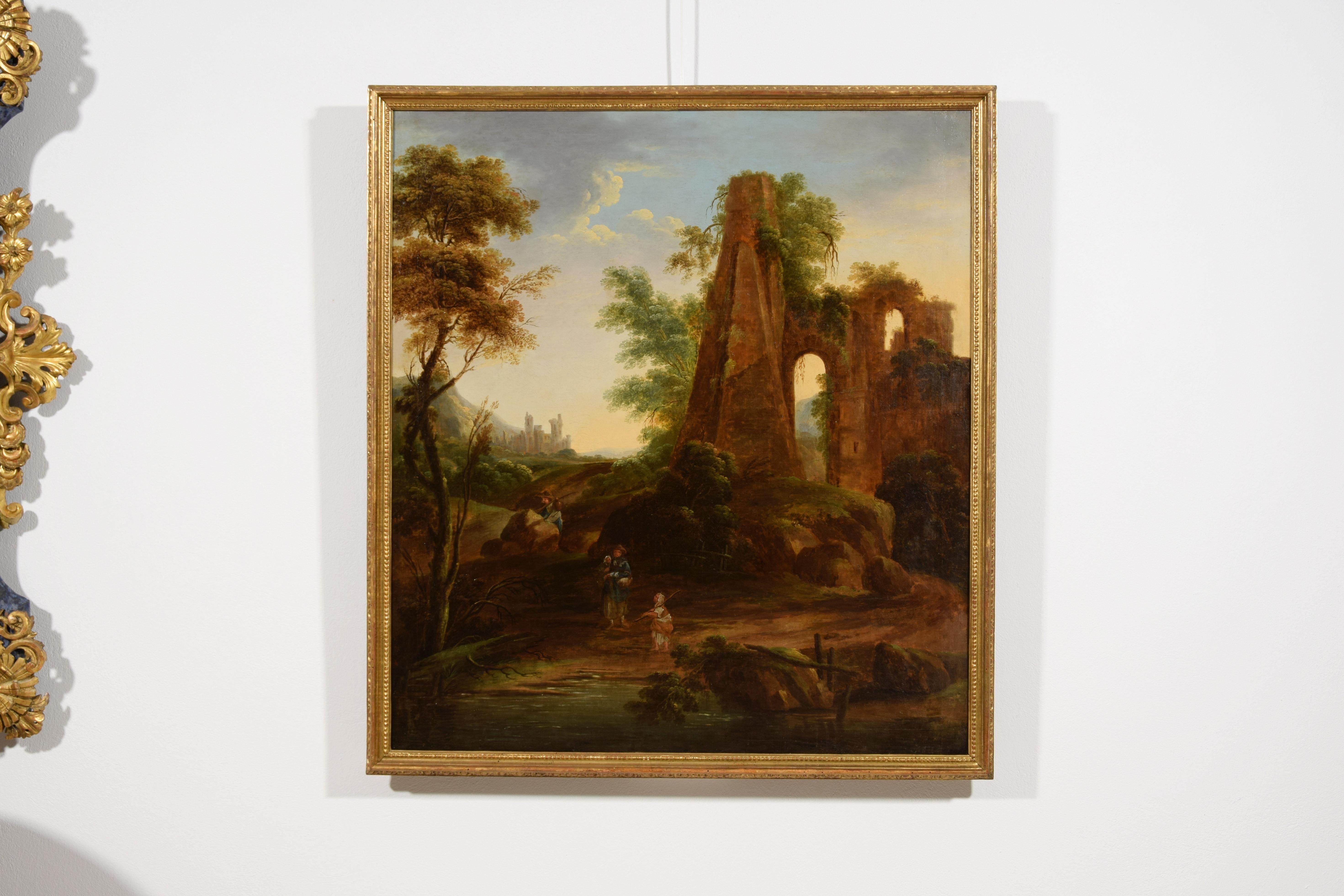 Hand-Painted 18th Century, Italian Oil on Canvas Painting with Landscape with Ruins For Sale