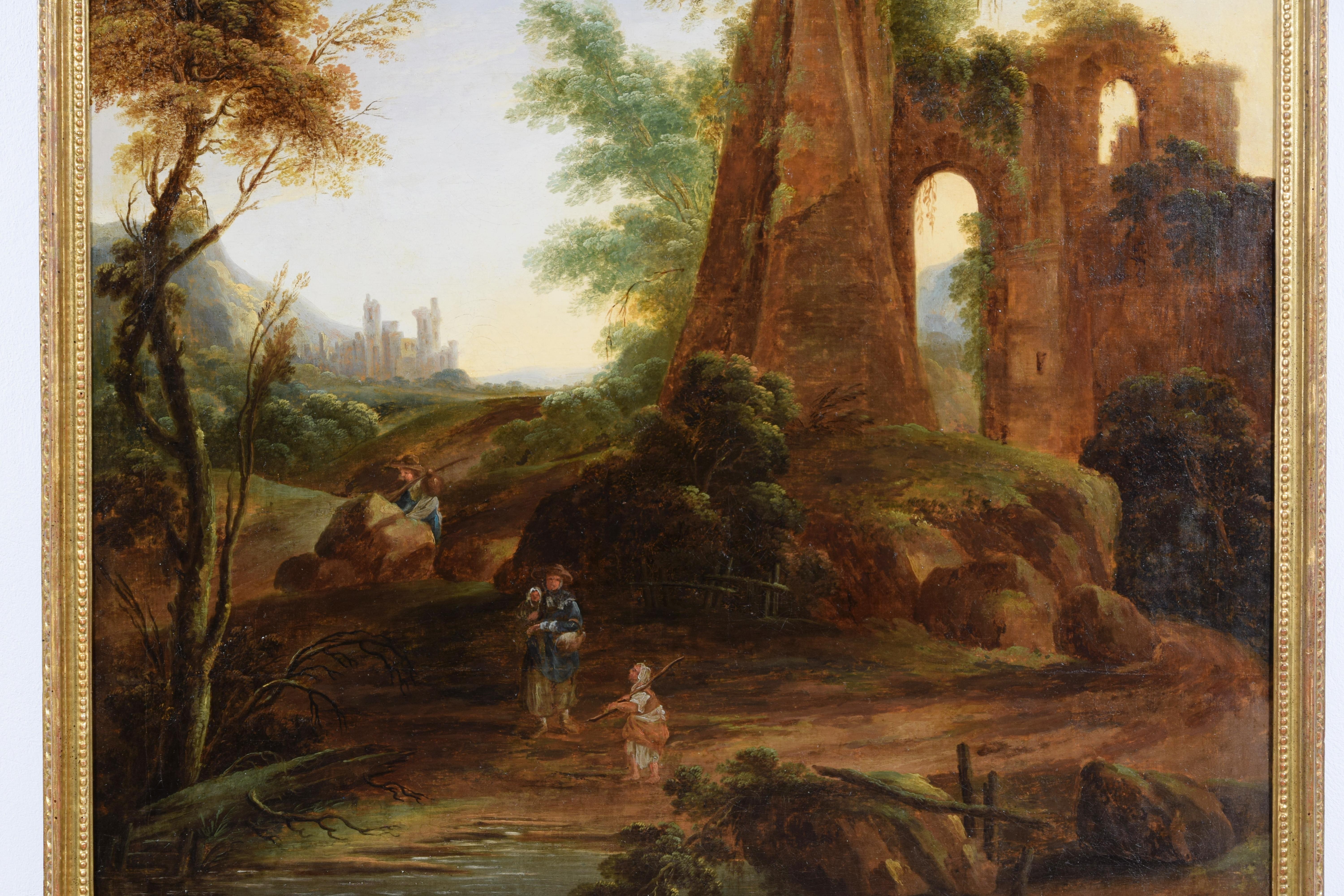 18th Century and Earlier 18th Century, Italian Oil on Canvas Painting with Landscape with Ruins For Sale