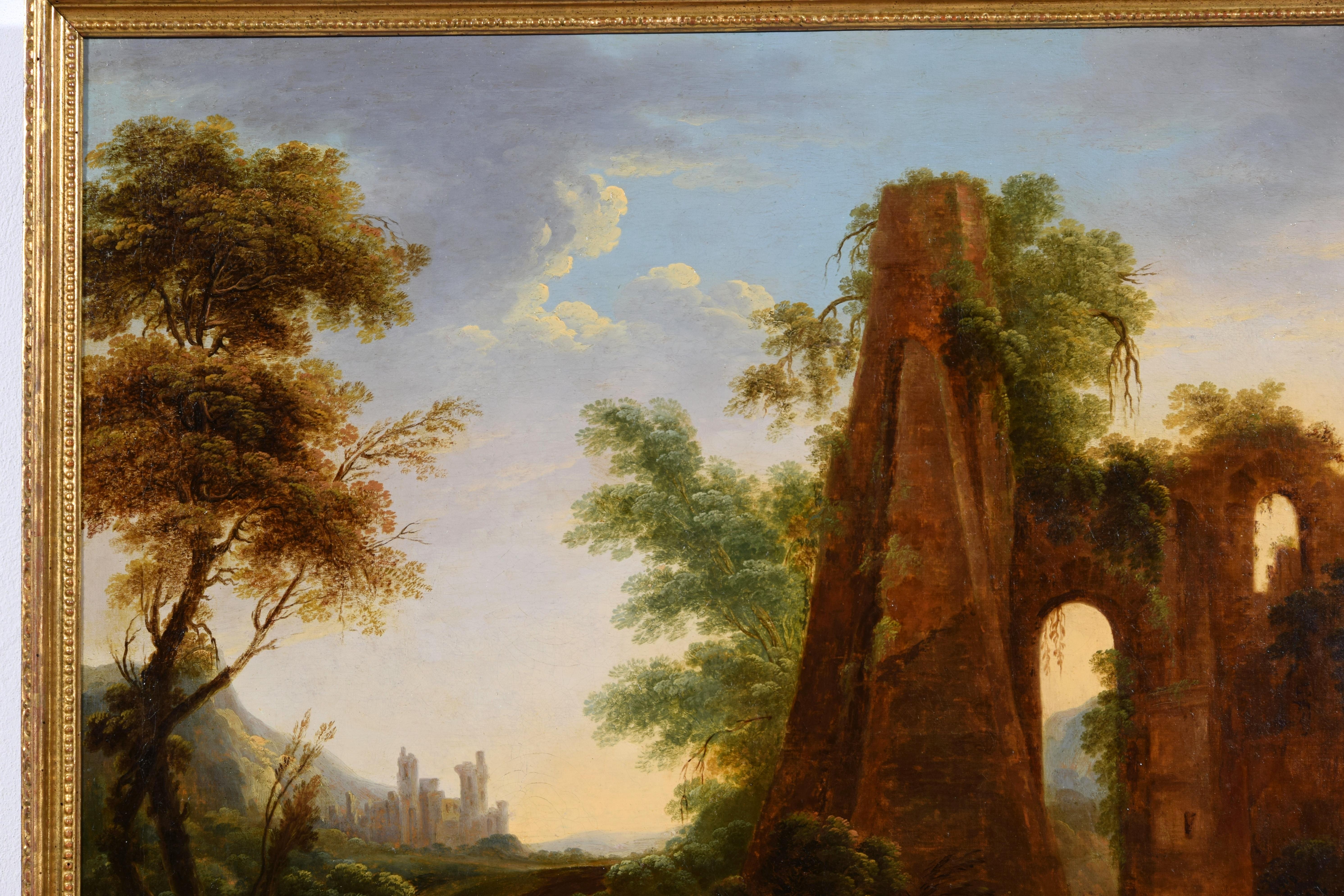 18th Century, Italian Oil on Canvas Painting with Landscape with Ruins For Sale 2