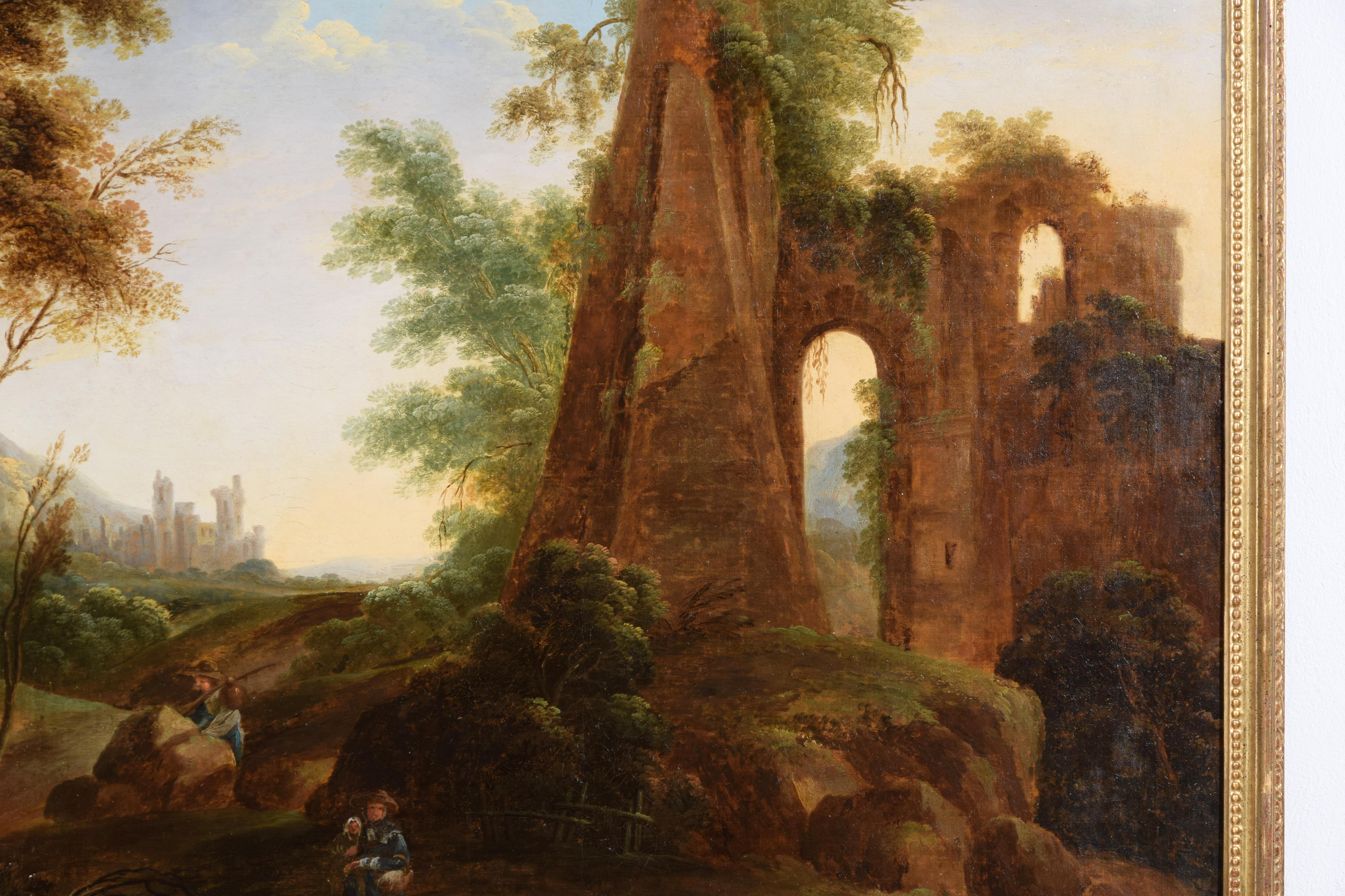 18th Century, Italian Oil on Canvas Painting with Landscape with Ruins For Sale 3
