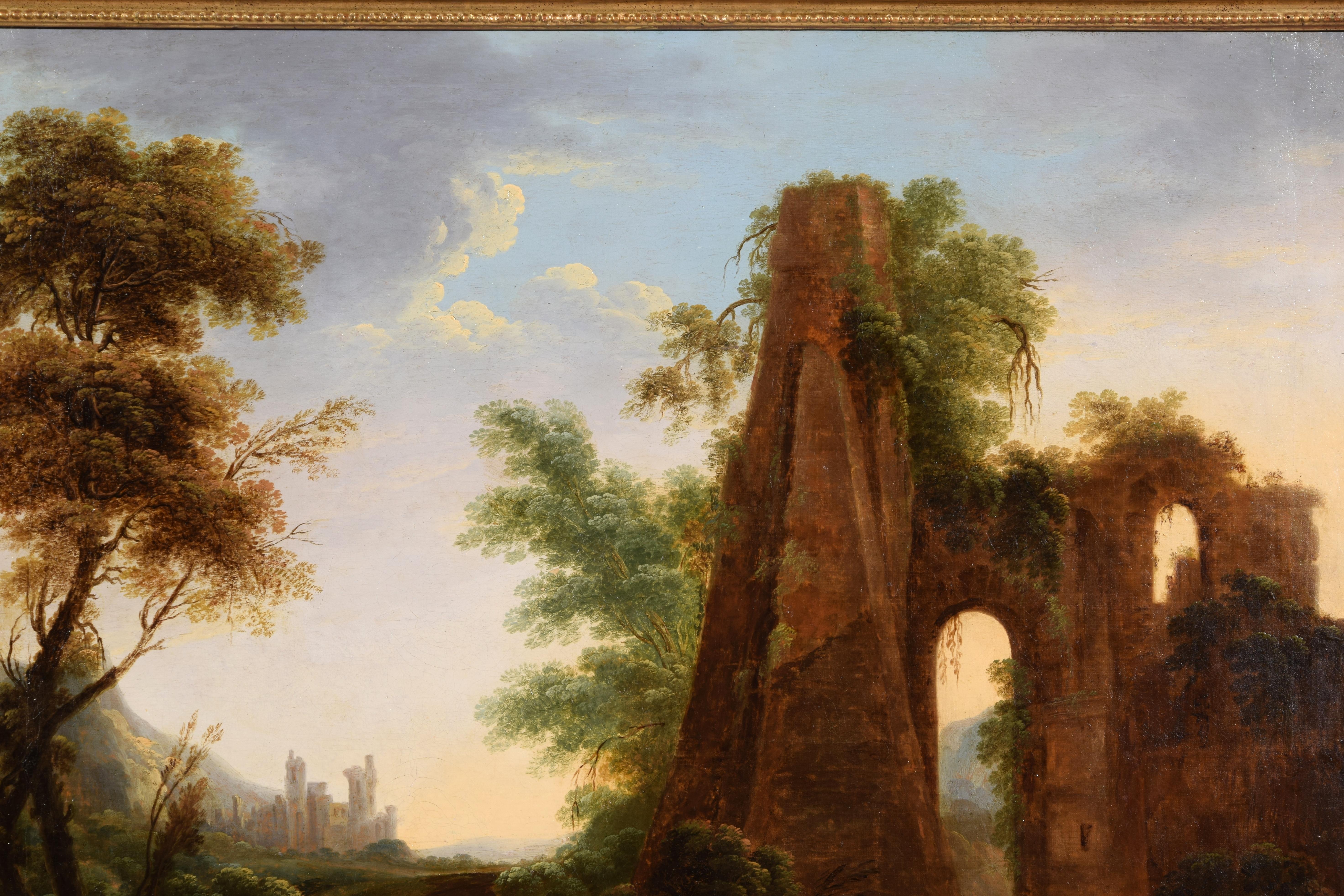 18th Century, Italian Oil on Canvas Painting with Landscape with Ruins For Sale 4