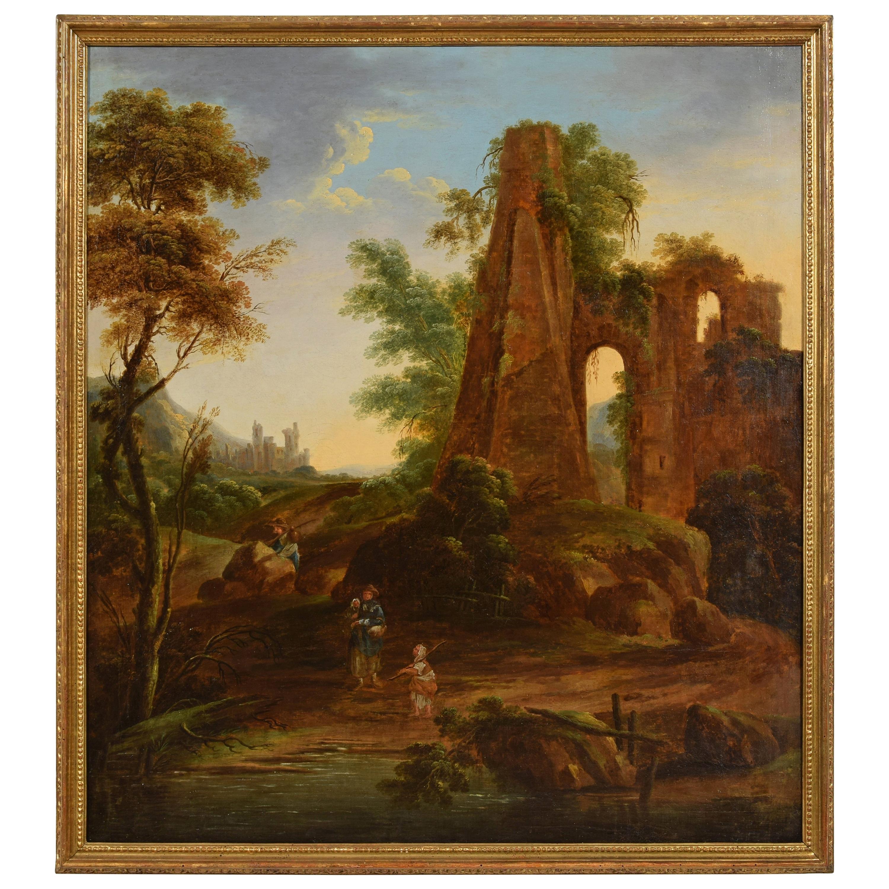 Peinture à l'huile sur toile italienne du 18ème siècle représentant un paysage et des ruines