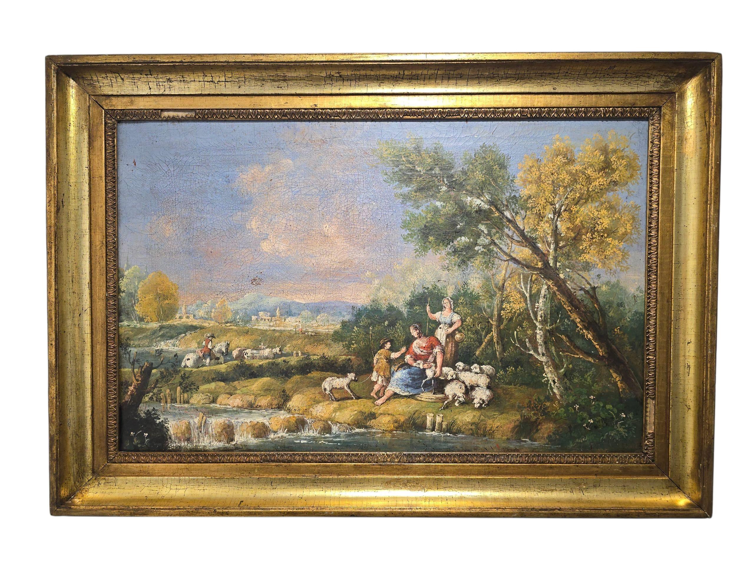 Huile sur toile italienne du XVIIIe siècle - Scène pastorale en vente 3