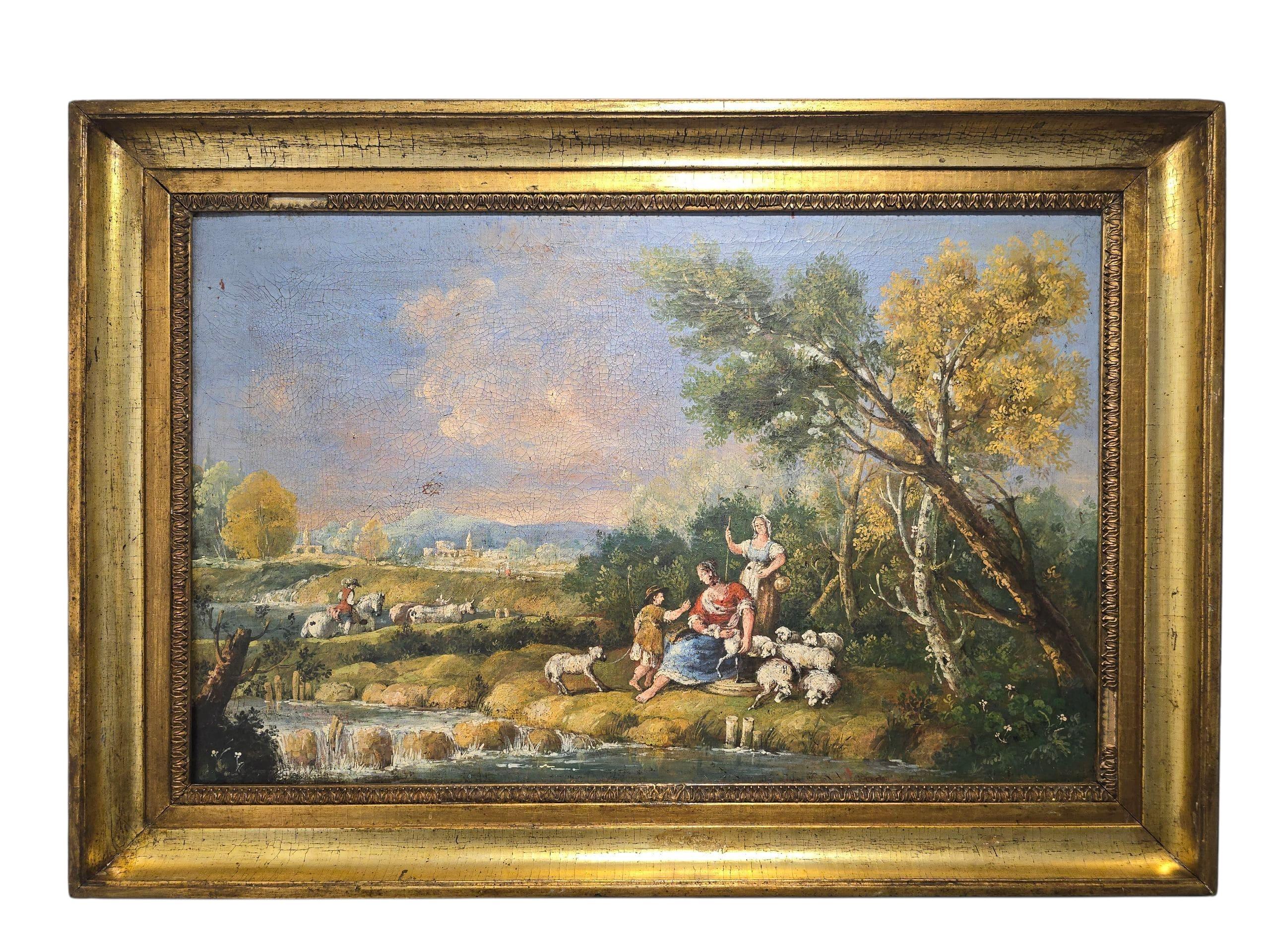 Huile sur toile italienne du XVIIIe siècle - Scène pastorale en vente 4