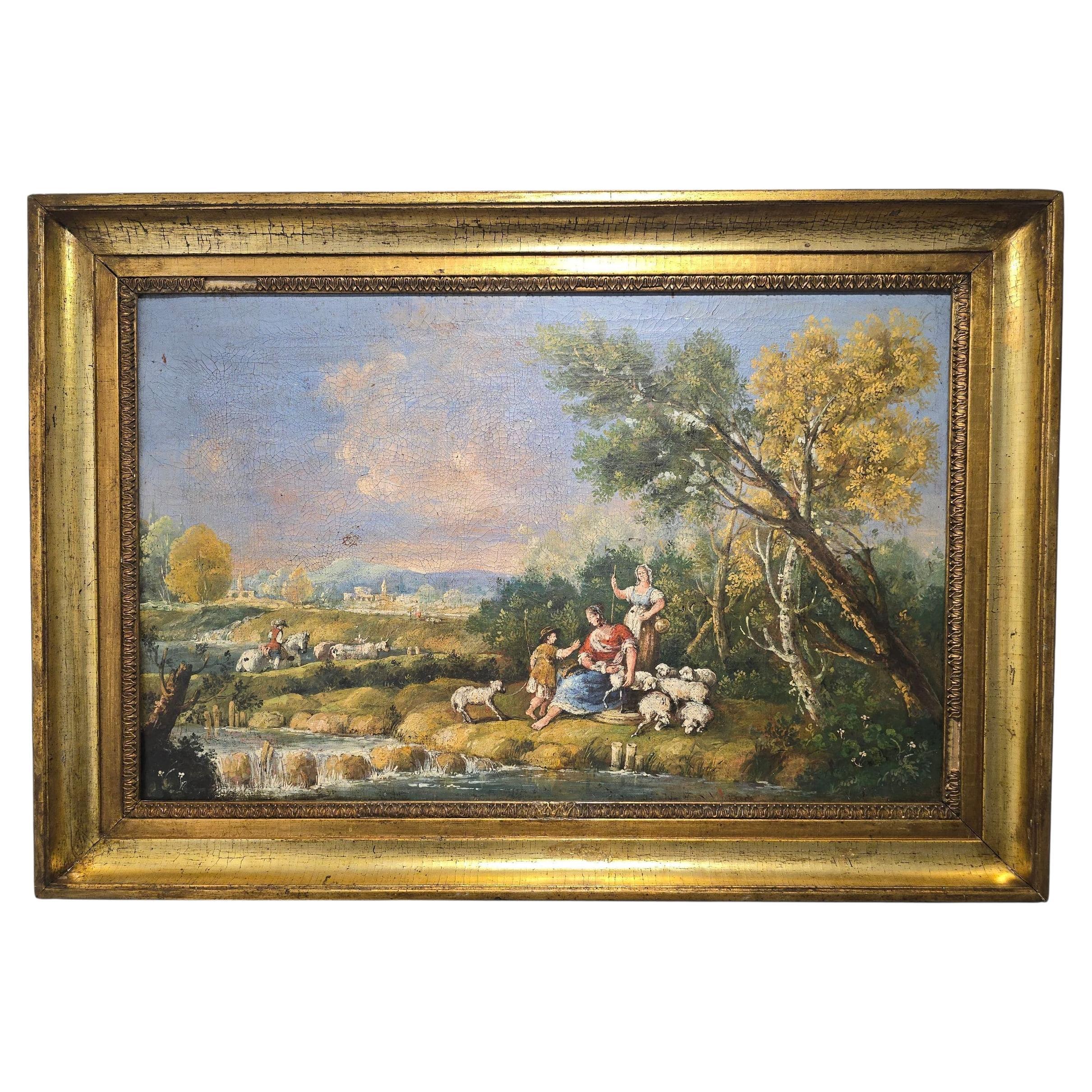Huile sur toile italienne du XVIIIe siècle - Scène pastorale en vente