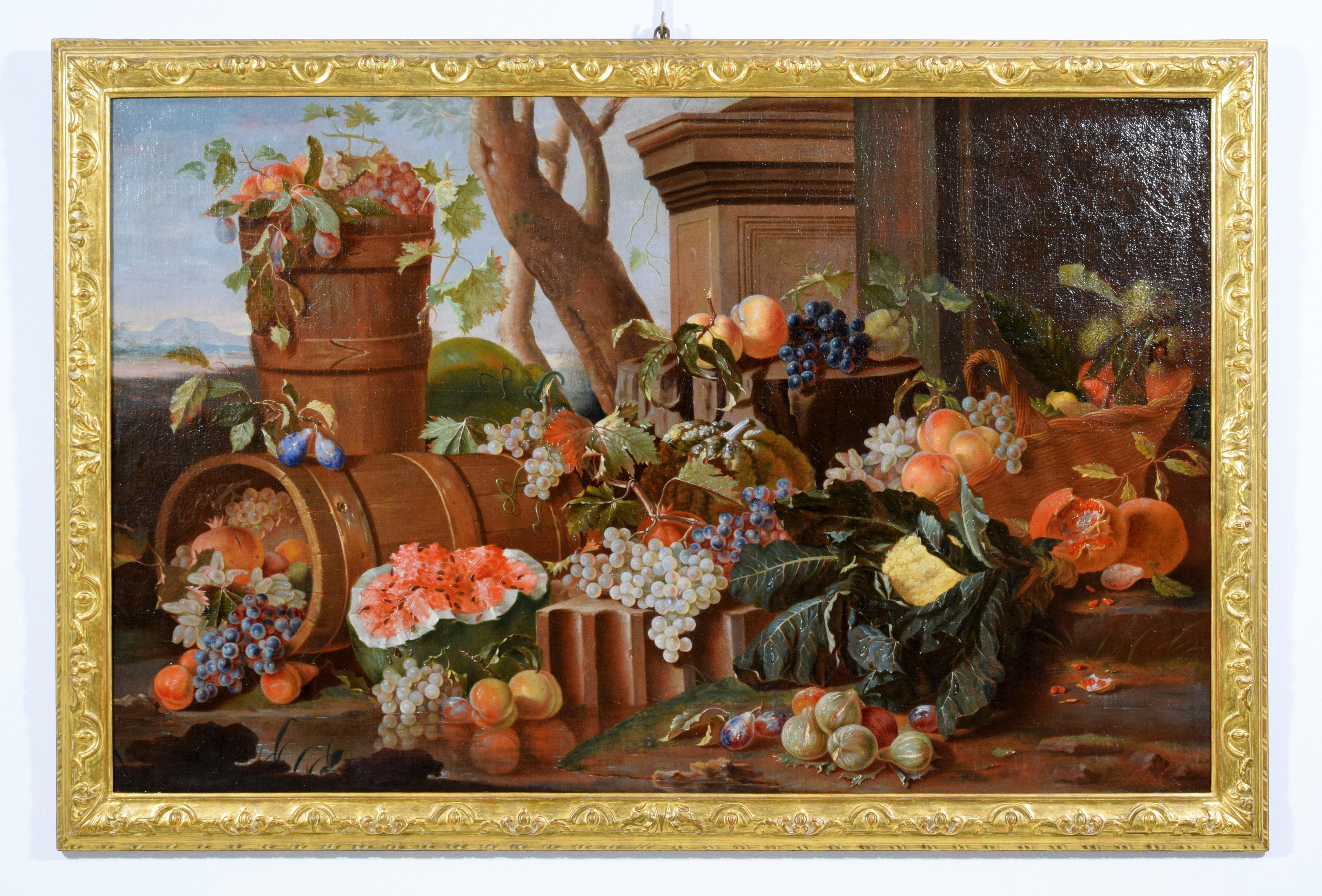 XVIIIe siècle, Nature morte italienne à l'huile sur toile de Pietro Navarra 

Huile sur toile, dimensions de la toile : cm H 103 x L 164, dimensions de l'encadrement : cm H 121 x L 182 x L 7

Le tableau, réalisé à l'huile sur toile, représente