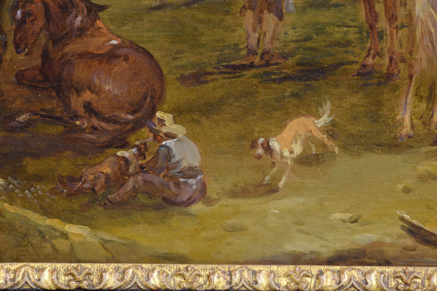 Italienisches Ölgemälde auf Täfelung Bambocciata von Jean Miel Follower aus dem 18. Jahrhundert im Angebot 4