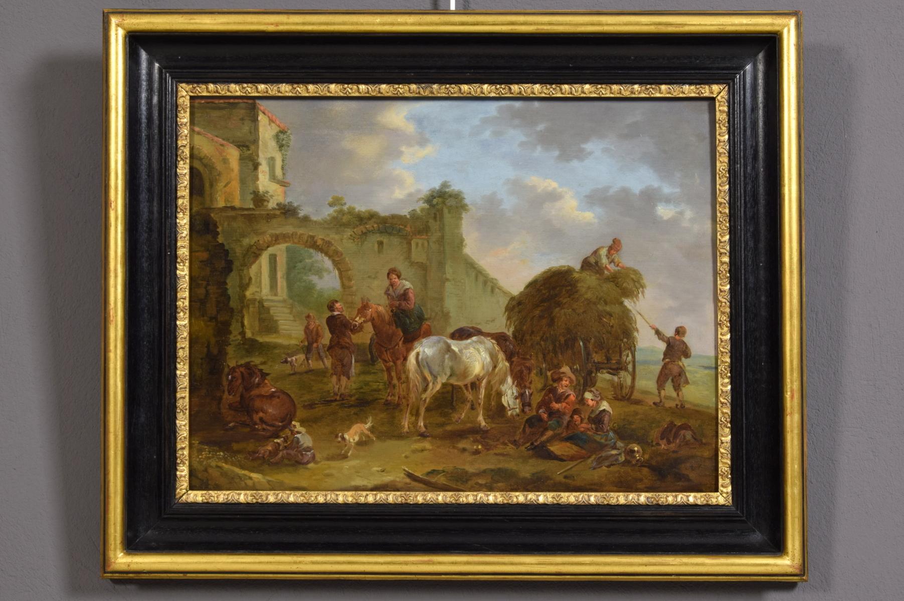 18th Century Italian Oil on Panel Bambocciata by Jean Miel Follower For Sale 6
