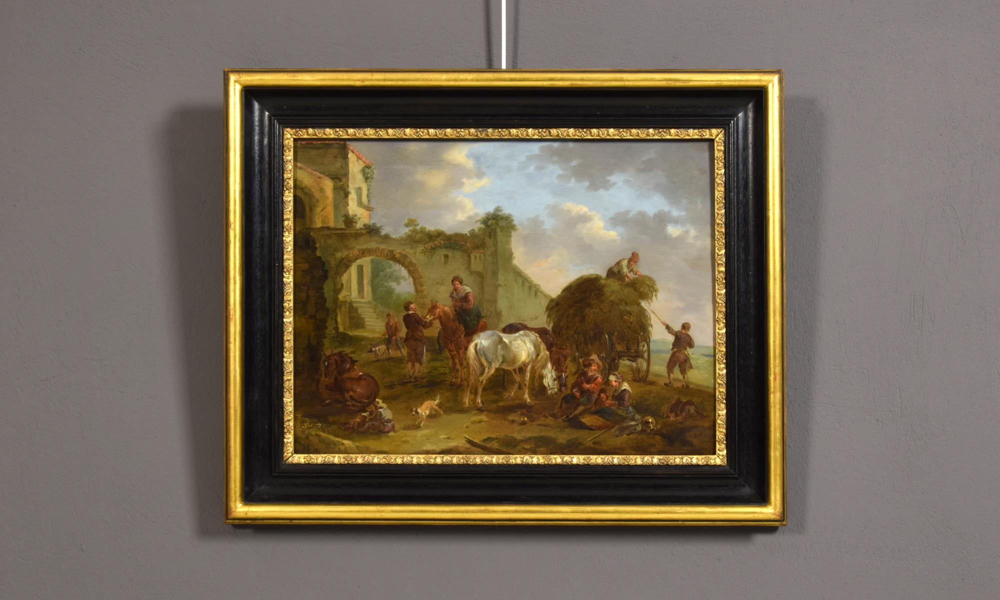 18th Century Italian Oil on Panel Bambocciata by Jean Miel Follower For Sale 8