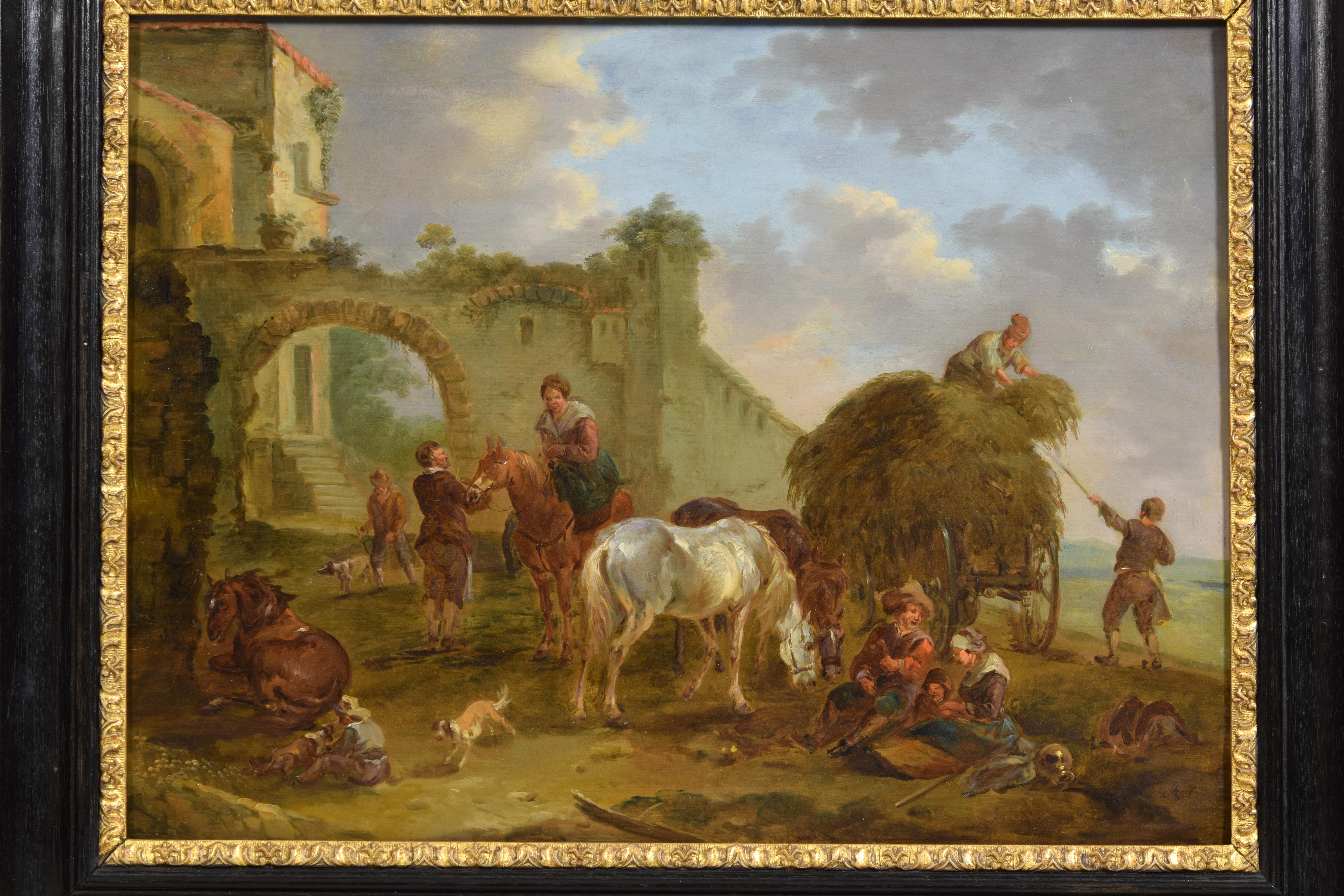 Jan Miel (suiveur de)
La scène bambocciante
Huile sur panneau, cm 38,5 x 51. Cadre  66 x 53,5 x 4,5 cm

La peinture lumineuse, d'un grand impact chromatique grâce à la technique de l'huile sur panneau, représente une scène bambocciante animée, dont