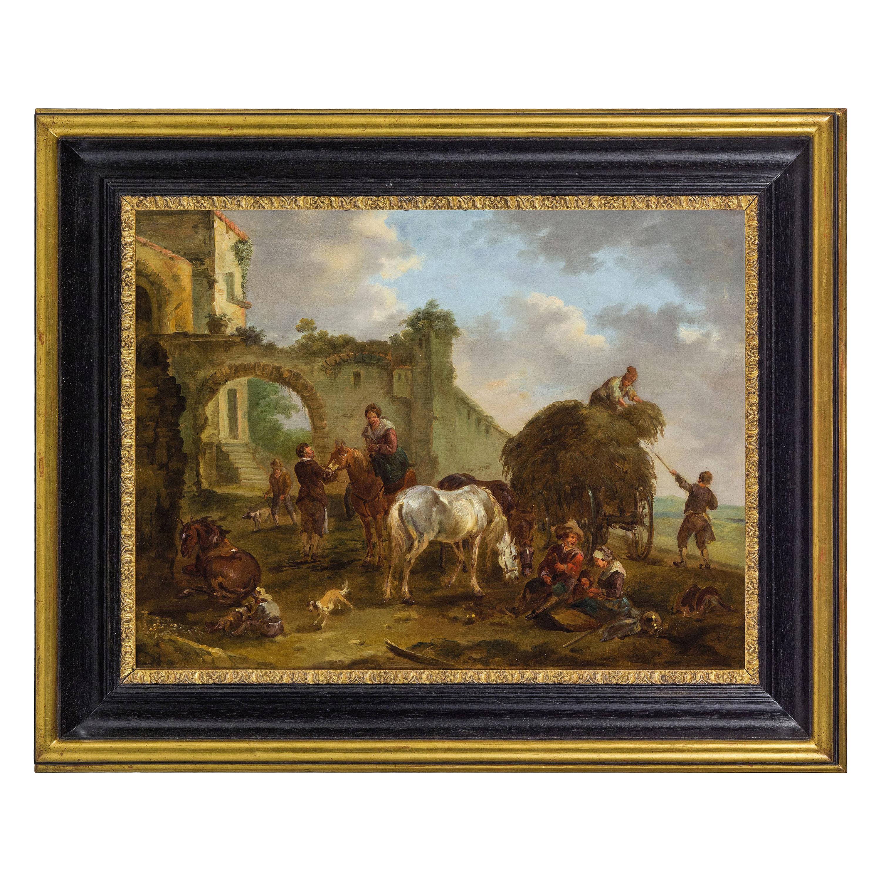 18th Century Italian Oil on Panel Bambocciata by Jean Miel Follower For Sale