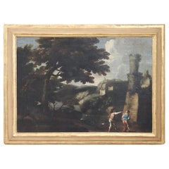 18th Century Italian Oil Painting on Canvas Landscape with People and Castle