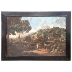 18th Century Italian Oil Painting on Canvas Landscape with People and Cities