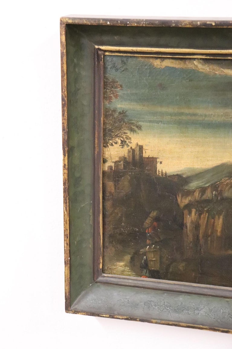 18th Century Italian Oil Painting on Canvas Landscape with Wayfarers with Frame For Sale 5