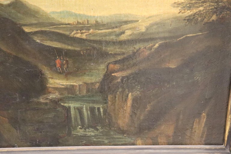 Oiled 18th Century Italian Oil Painting on Canvas Landscape with Wayfarers with Frame For Sale