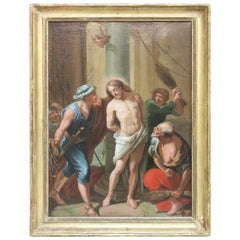 18th Century Italian Oil Painting on Canvas the Flagellation of Jesus with Frame