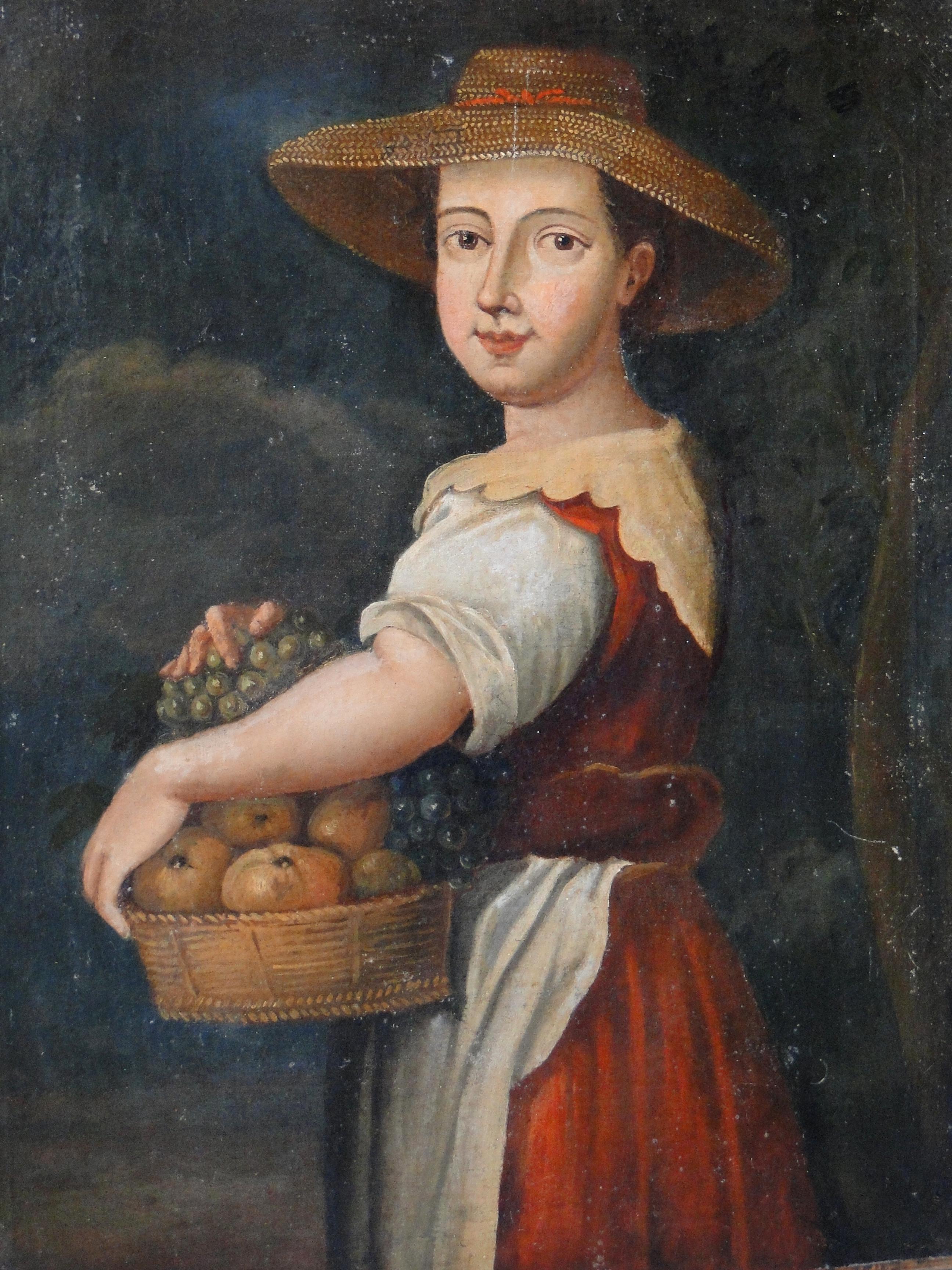 18th century Italian oil painting of a woman with fruitbasket, the painting has been doubled on canvas and stretched on a stretcher frame.