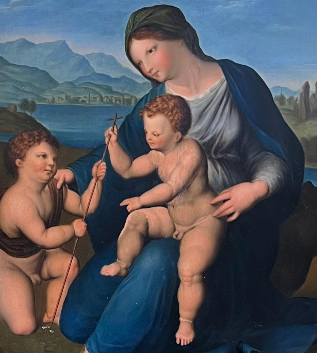 Óleo italiano del siglo XVIII Madonna & Child con St. John the Baptist según Rafael - Painting de 18th Century Italian Old Master