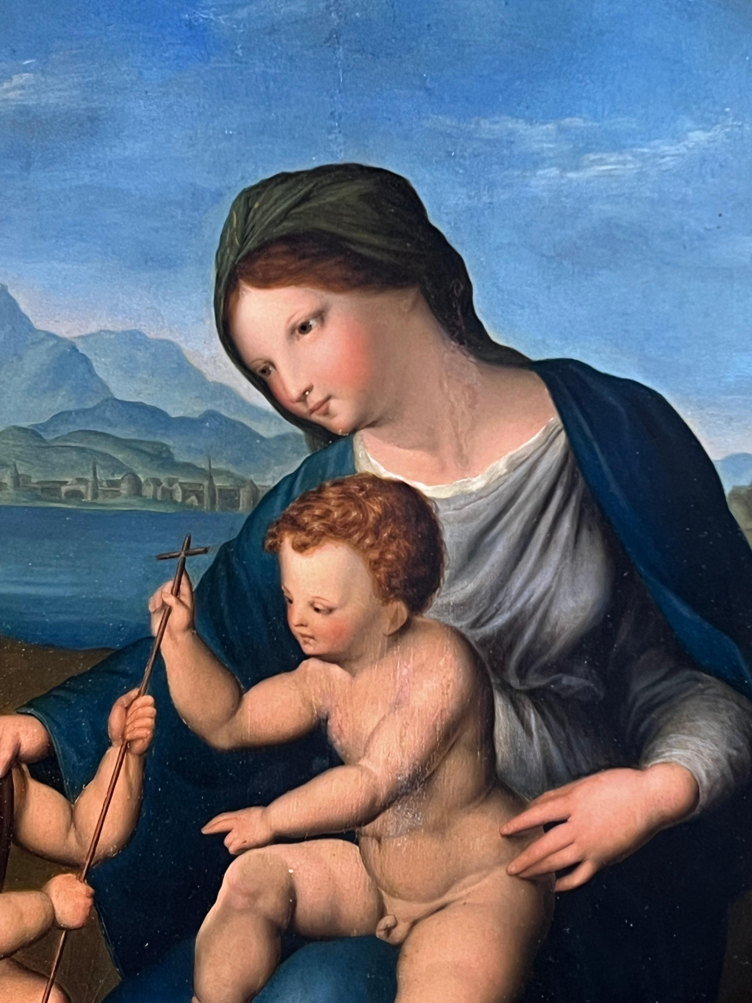 Óleo italiano del siglo XVIII Madonna & Child con St. John the Baptist según Rafael - Painting Renacimiento de 18th Century Italian Old Master