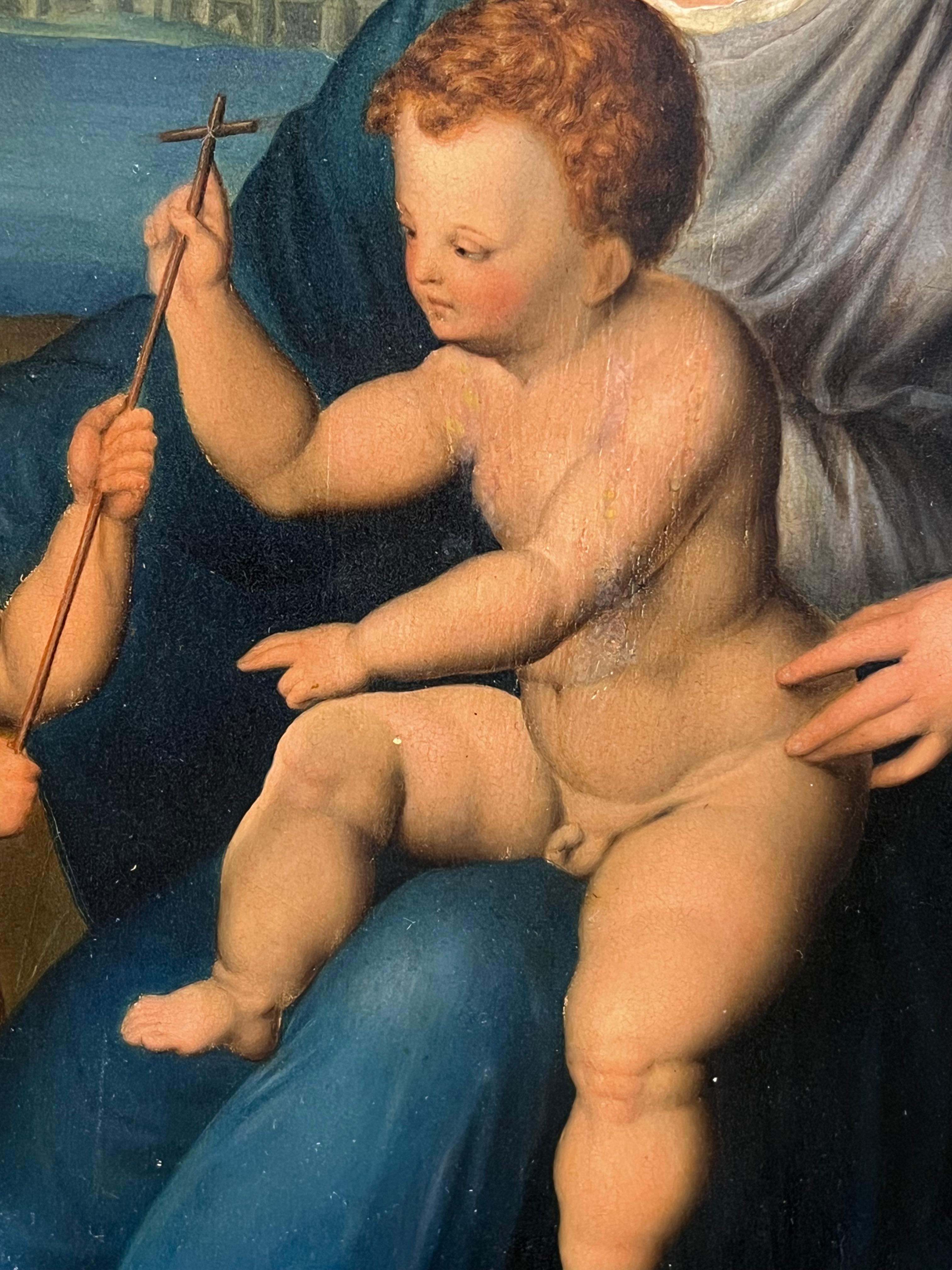 Óleo italiano del siglo XVIII Madonna & Child con St. John the Baptist según Rafael - Portrait Painting Marrón de 18th Century Italian Old Master