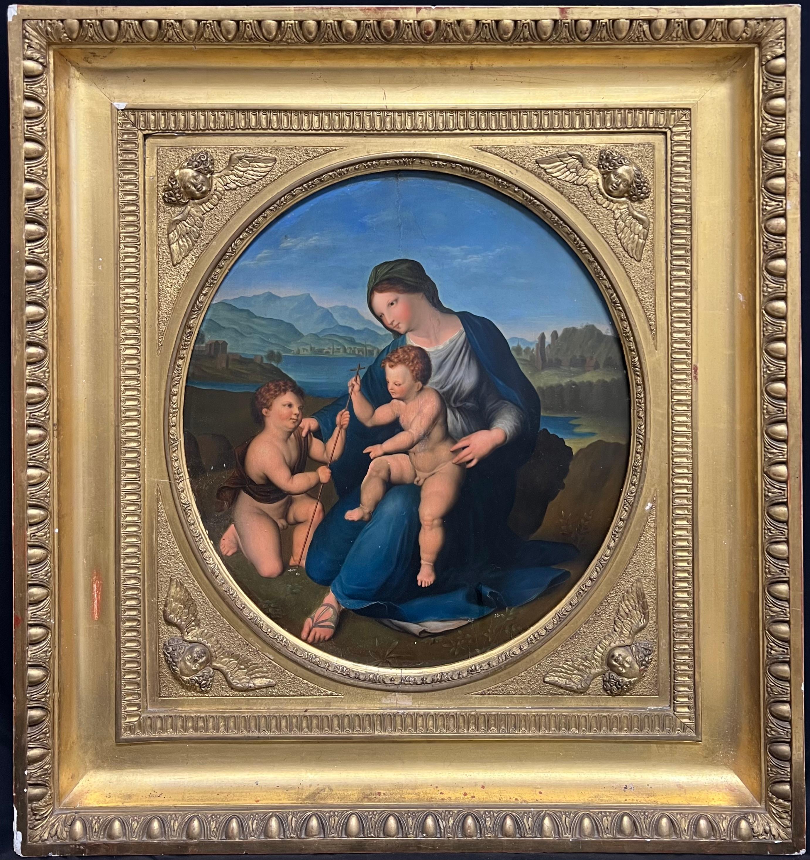 Óleo italiano del siglo XVIII Madonna & Child con St. John the Baptist según Rafael