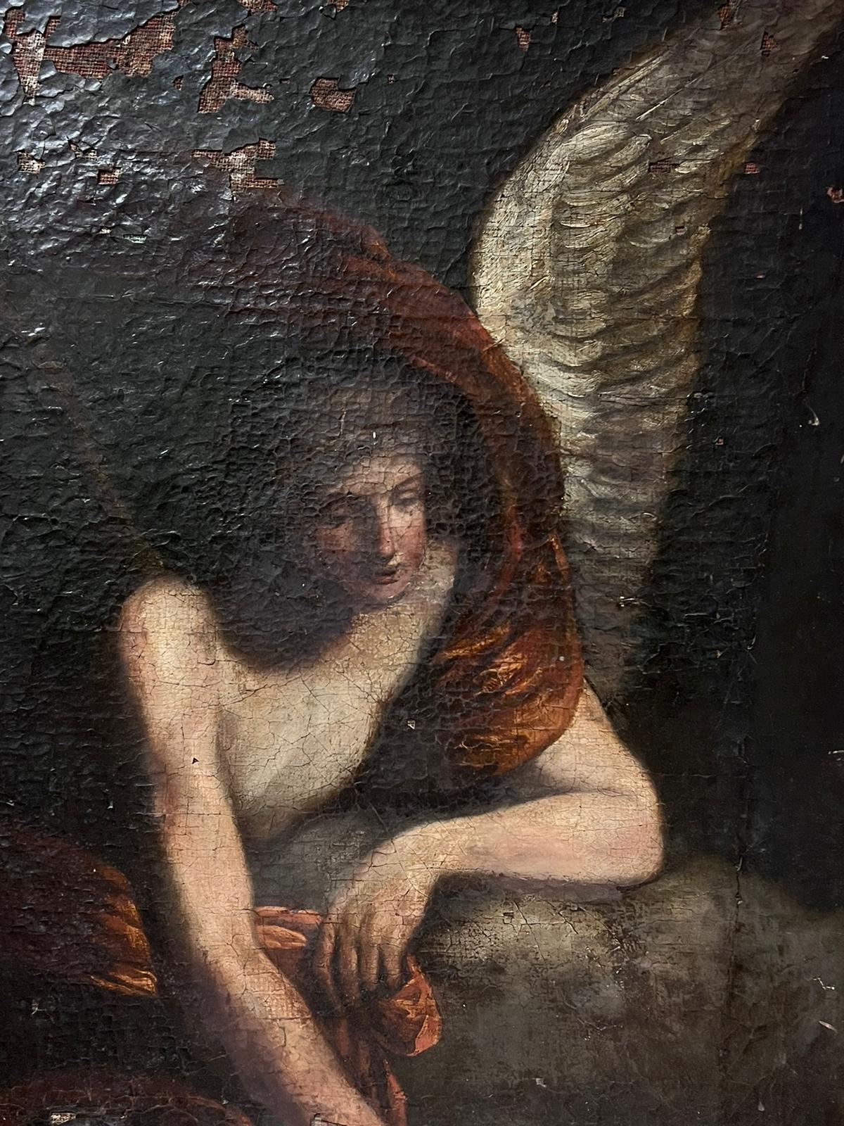 L'Angelo
Scuola italiana, XVIII secolo
olio su tela, senza cornice
tela: 29 x 12 pollici
provenienza: collezione privata, Normandia, Francia; in precedenza presso Christies Auction, Londra (vedi segni di stencil verso). 
condizioni: il dipinto