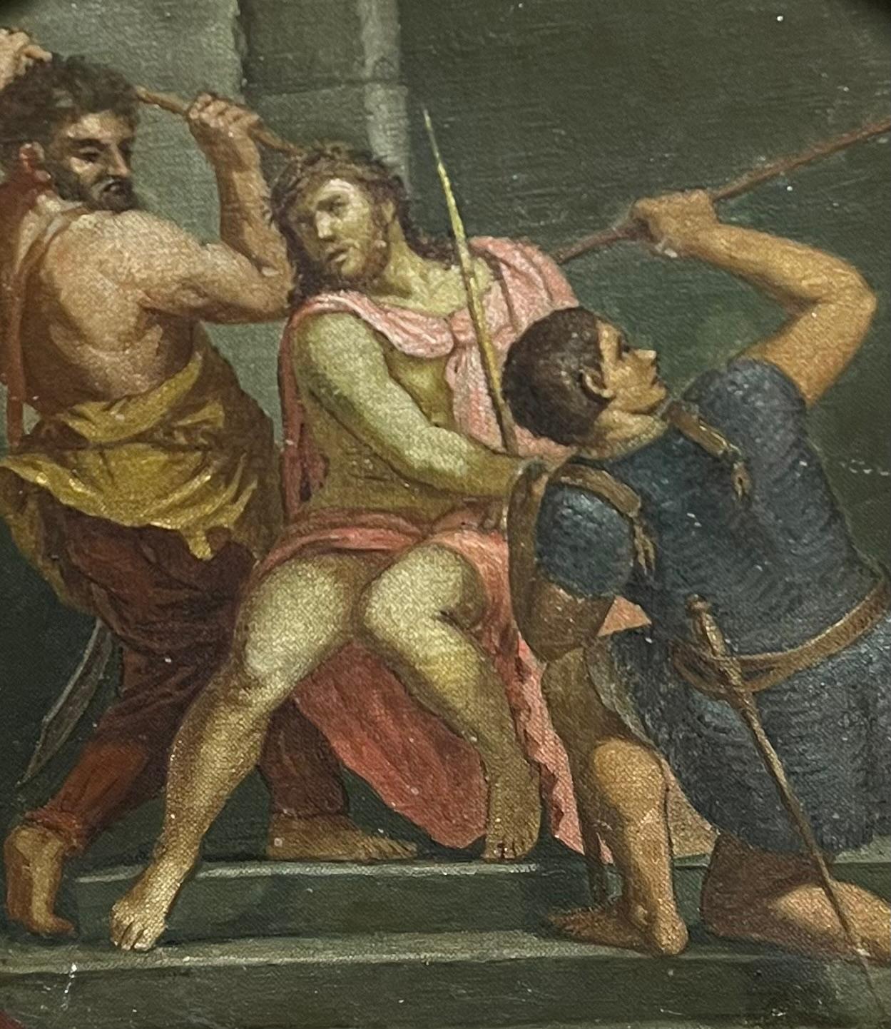 Antico dipinto a olio circolare Flagellazione di Cristo, Antico Maestro del XVIII secolo - Painting di 18th Century Italian Old Master