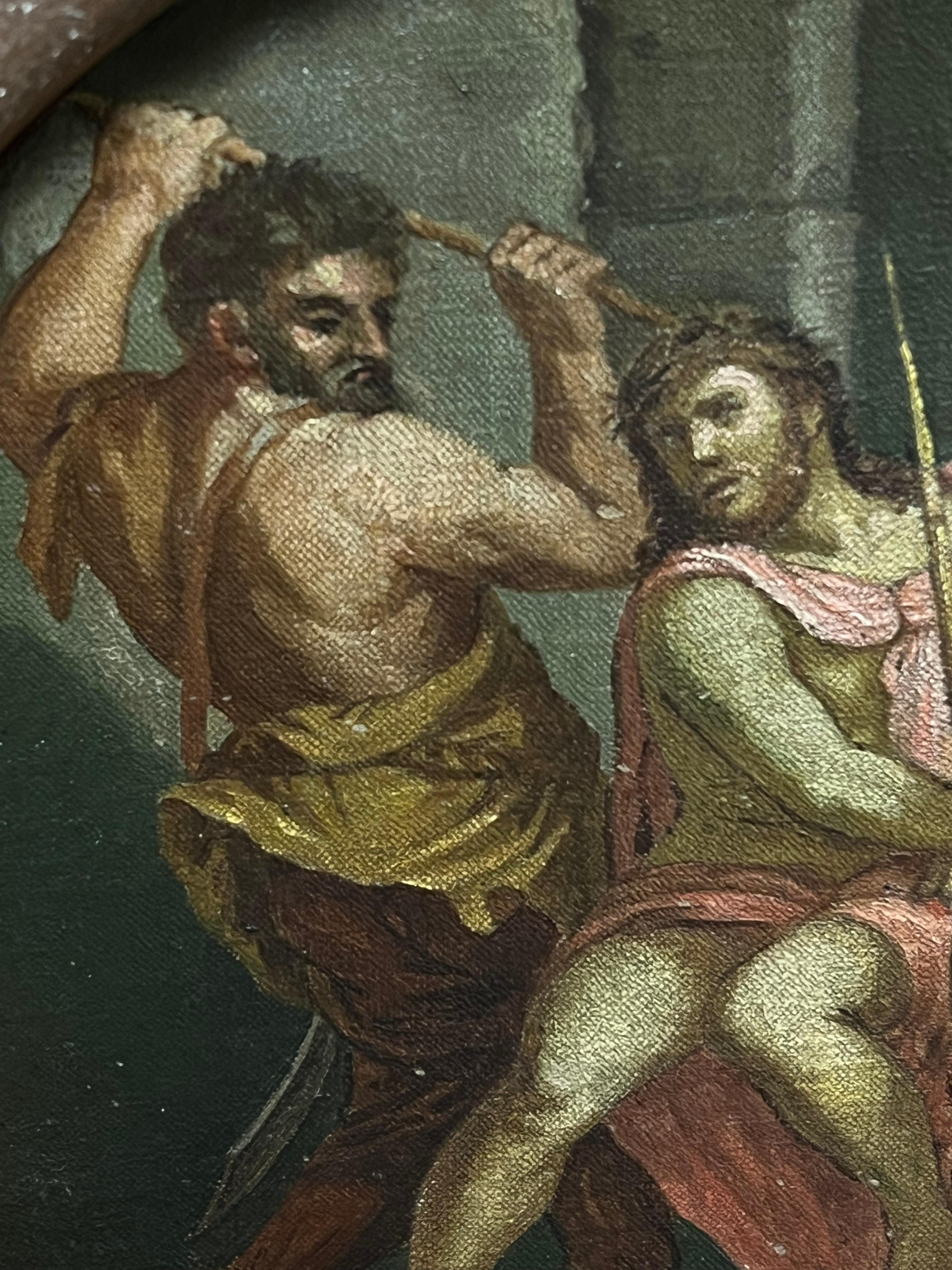Antico dipinto a olio circolare Flagellazione di Cristo, Antico Maestro del XVIII secolo - Landscape Painting Nero di 18th Century Italian Old Master
