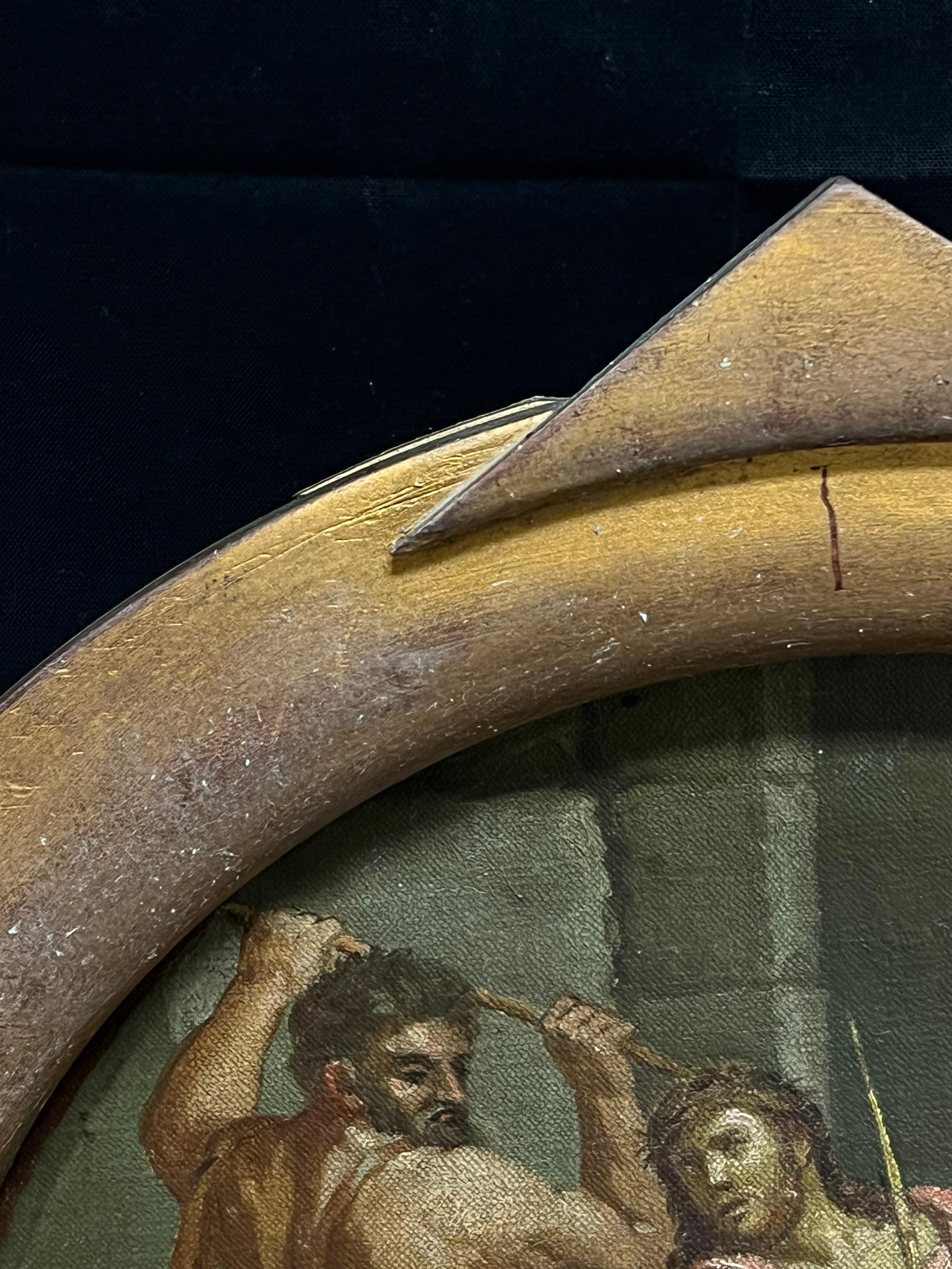 Antico dipinto a olio circolare Flagellazione di Cristo, Antico Maestro del XVIII secolo in vendita 2