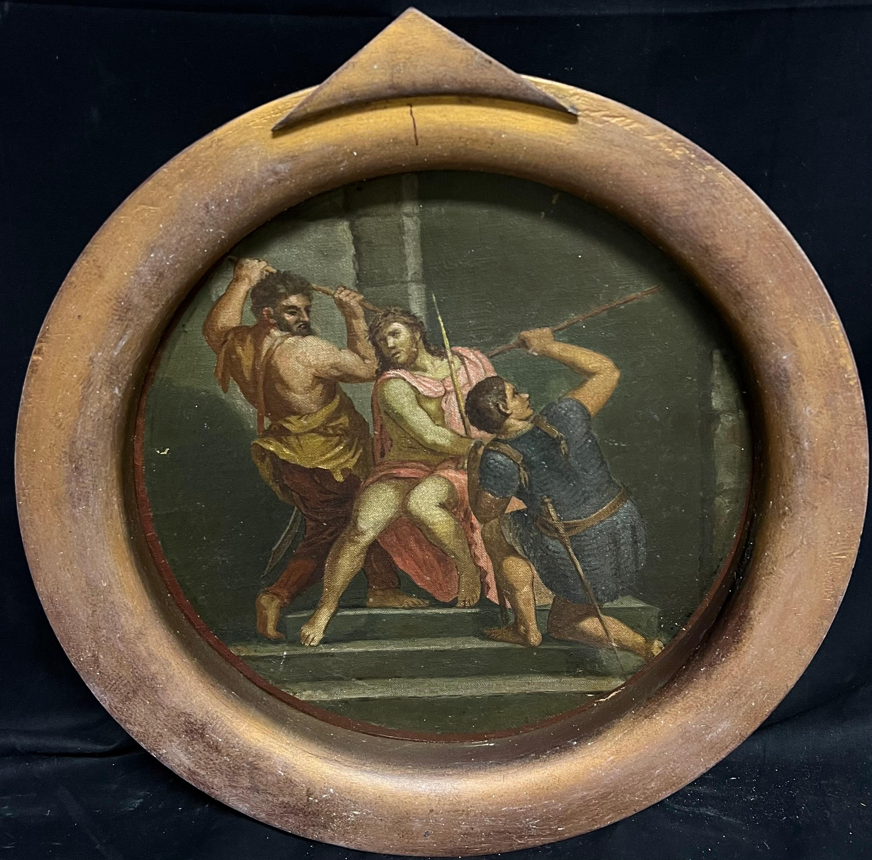 Landscape Painting di 18th Century Italian Old Master - Antico dipinto a olio circolare Flagellazione di Cristo, Antico Maestro del XVIII secolo
