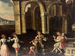 Figure che danzano Rovine antiche classiche e paesaggio Grande dipinto del maestro antico