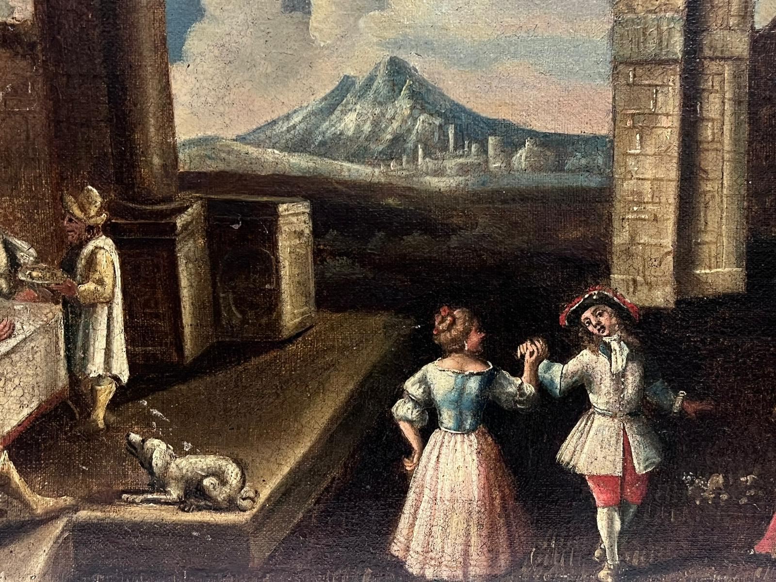 Figuren tanzend Klassische antike Ruinen und Landschaft Großes Gemälde Alter Meister im Angebot 2