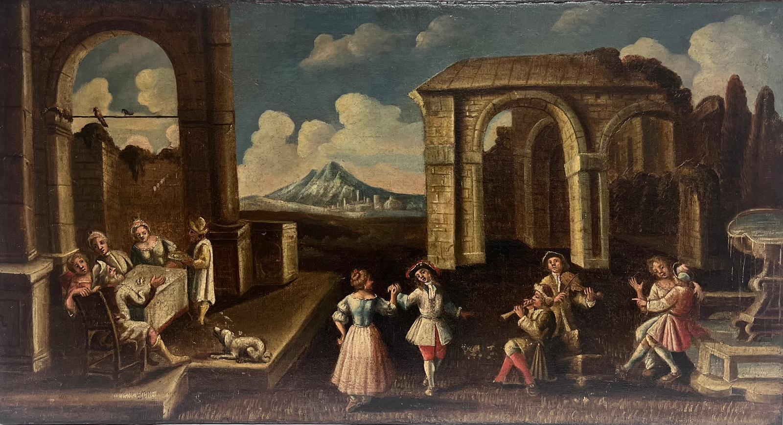 18th Century Italian Old Master Figurative Painting – Figuren tanzend Klassische antike Ruinen und Landschaft Großes Gemälde Alter Meister