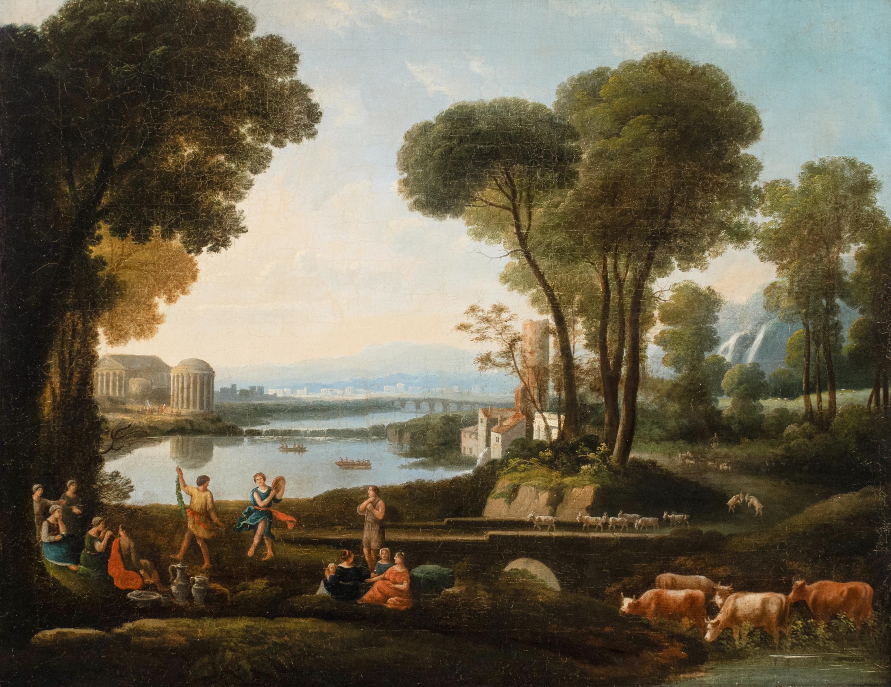 Huge 18th Century Classical Italianate Arcadian Landscape Figures & Buildings - Painting by 18th Century Italian Old Master
