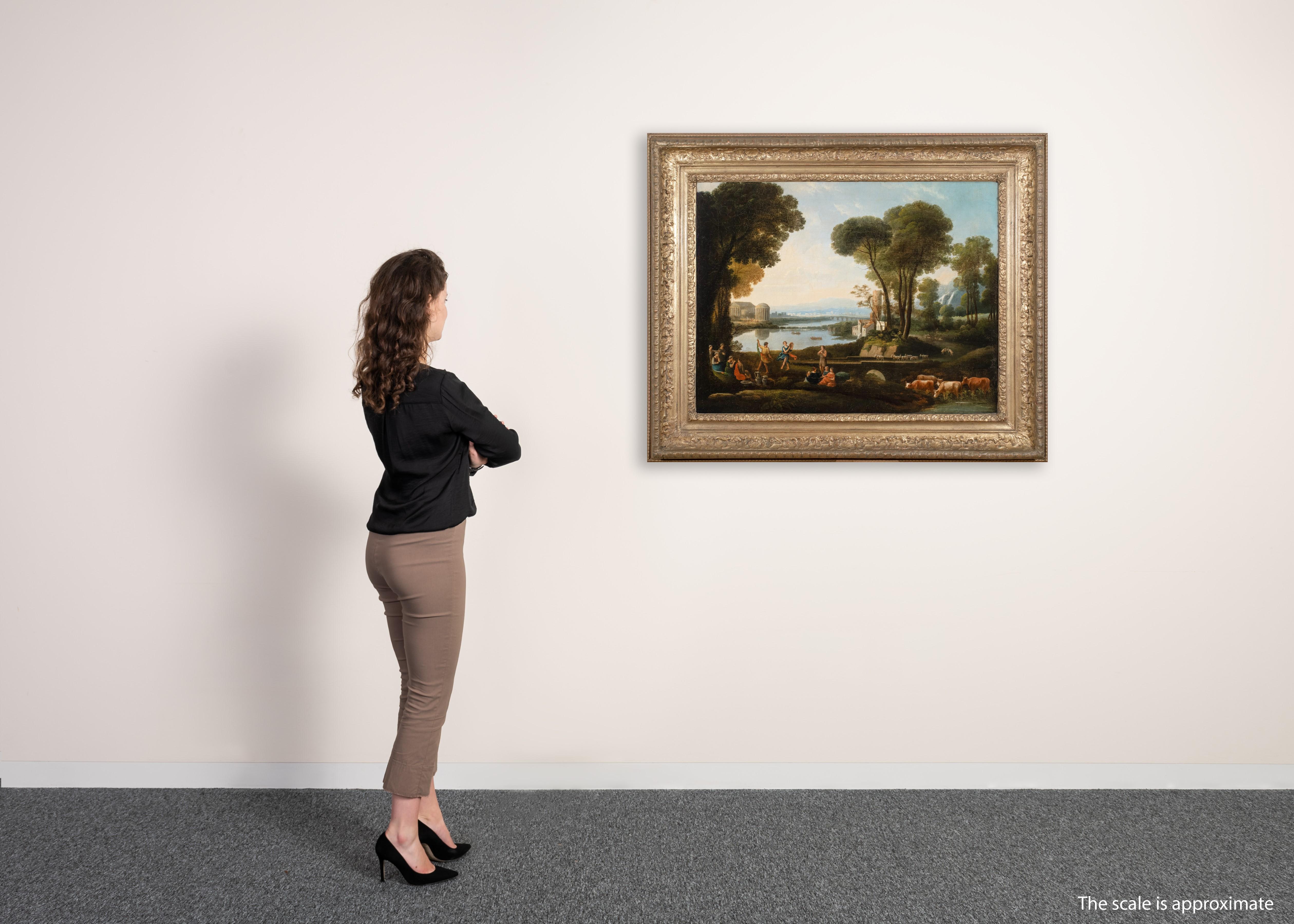 Huge 18th Century Classical Italianate Arcadian Landscape Figures & Buildings - Brown Landscape Painting by 18th Century Italian Old Master
